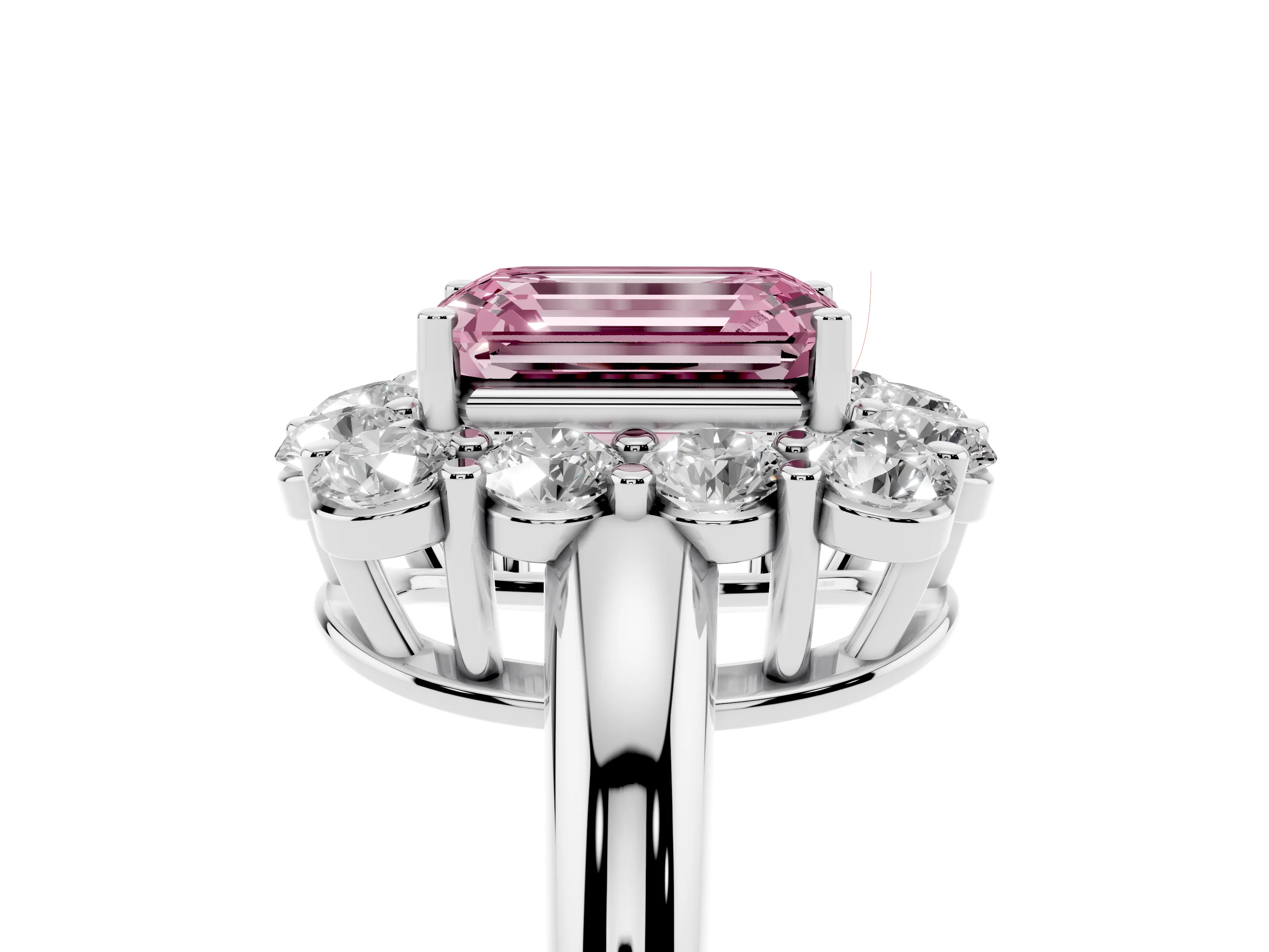 Fancy Pink Emerald Cut Diamond Halo Cluster Engagement Ring Set in White gold with Polished Band and Prong Setting