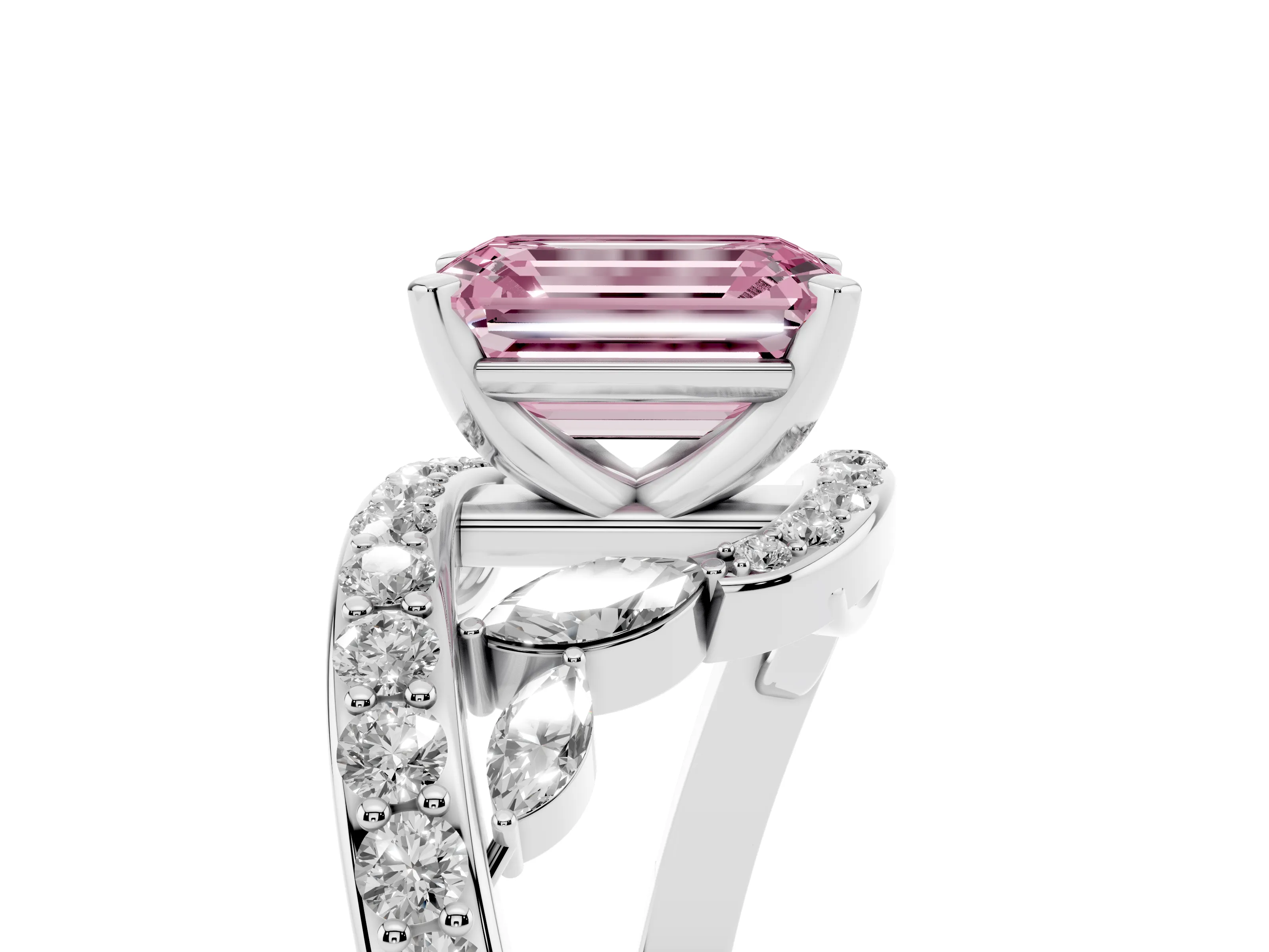 Fancy Pink Emerald Cut Diamond Solitaire Ring Set in Silver with Pavé Twist Band and Secure Prong Setting