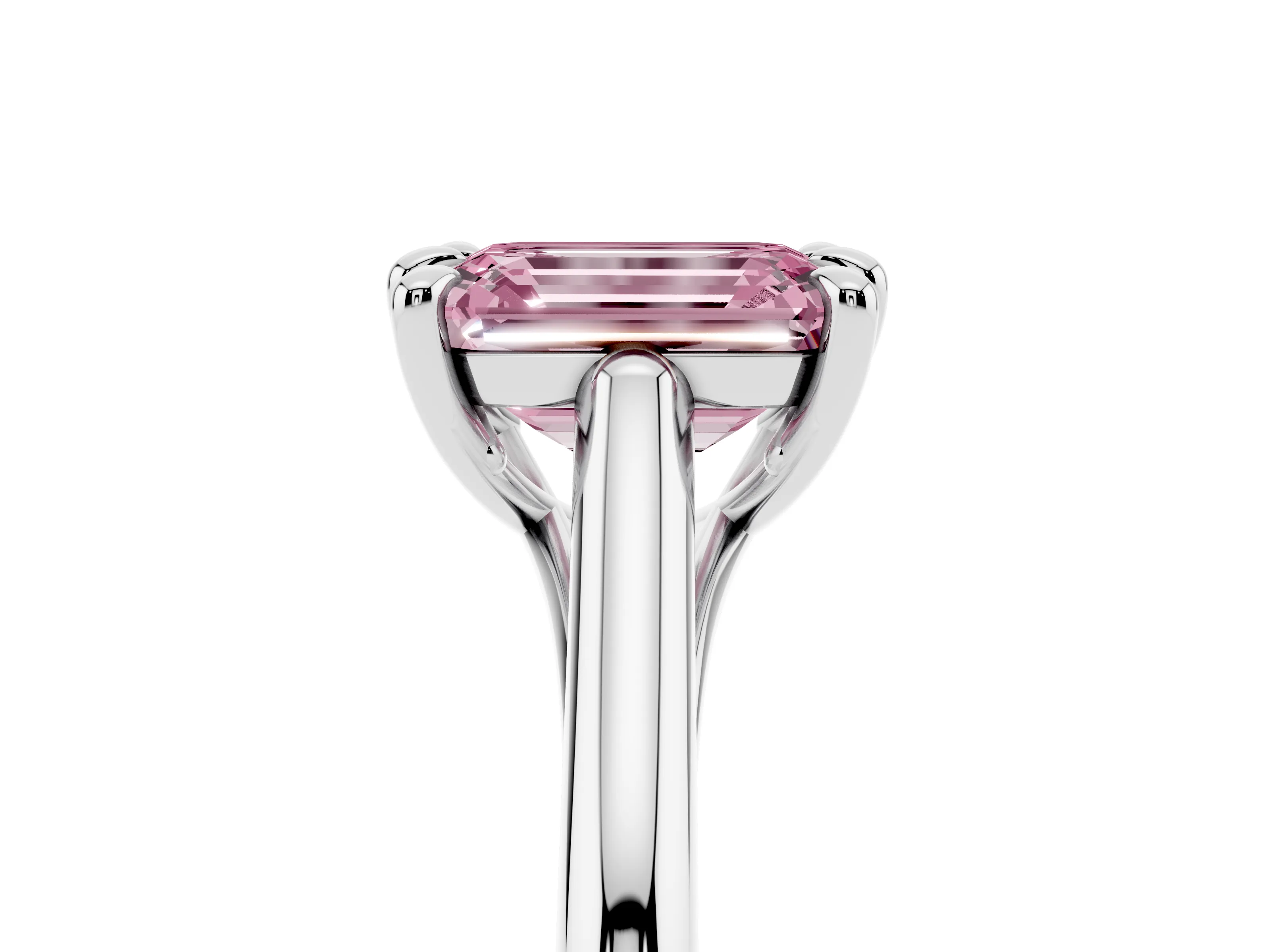 Fancy Pink Emerald Cut Diamond Solitaire Engagement Ring Set in Silver with Prong Setting and Plain Classic Band