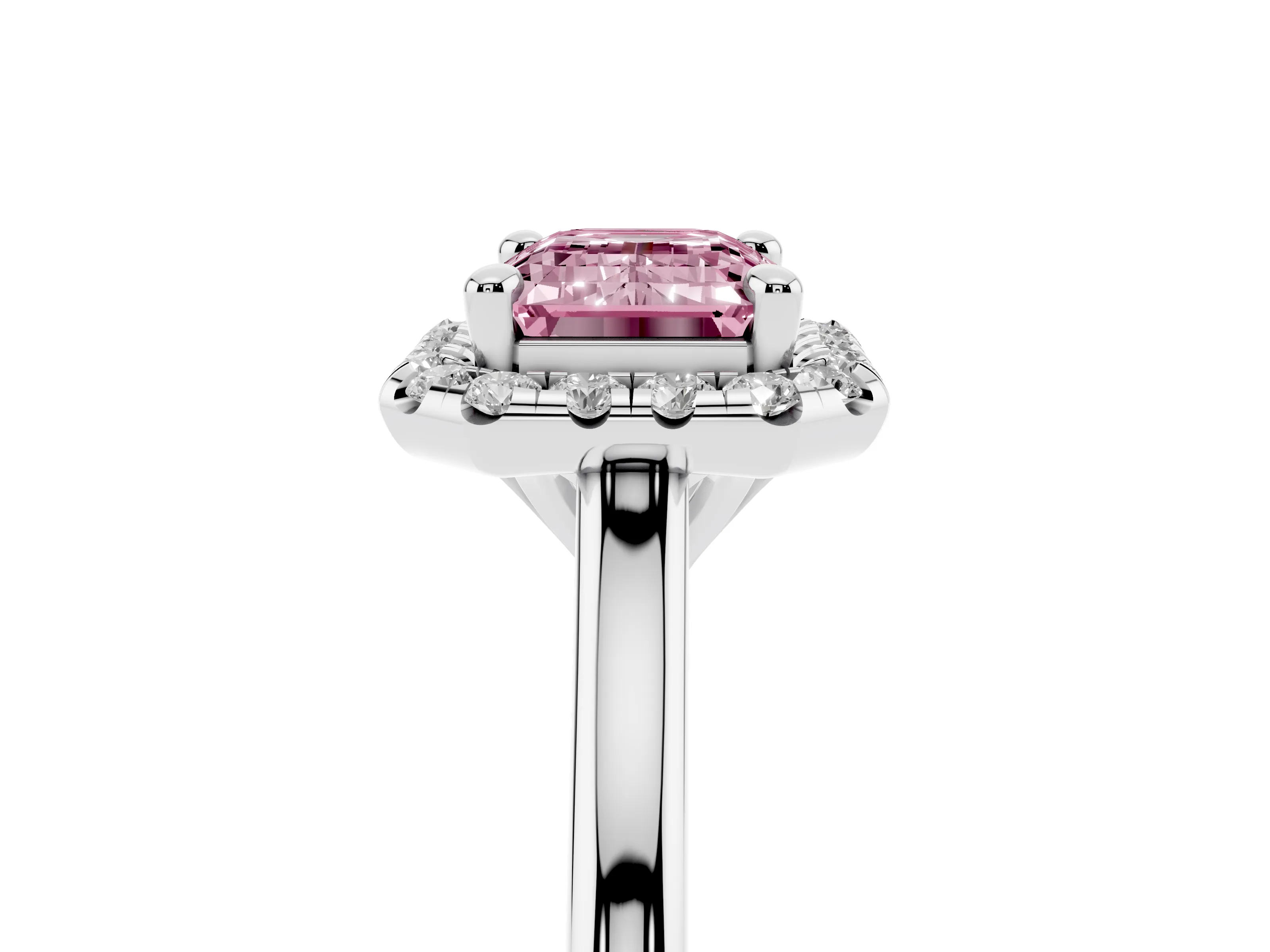 Fancy Pink Emerald Cut Diamond Halo Engagement Ring Set in White gold with Pavé Band and Rising Shoulders