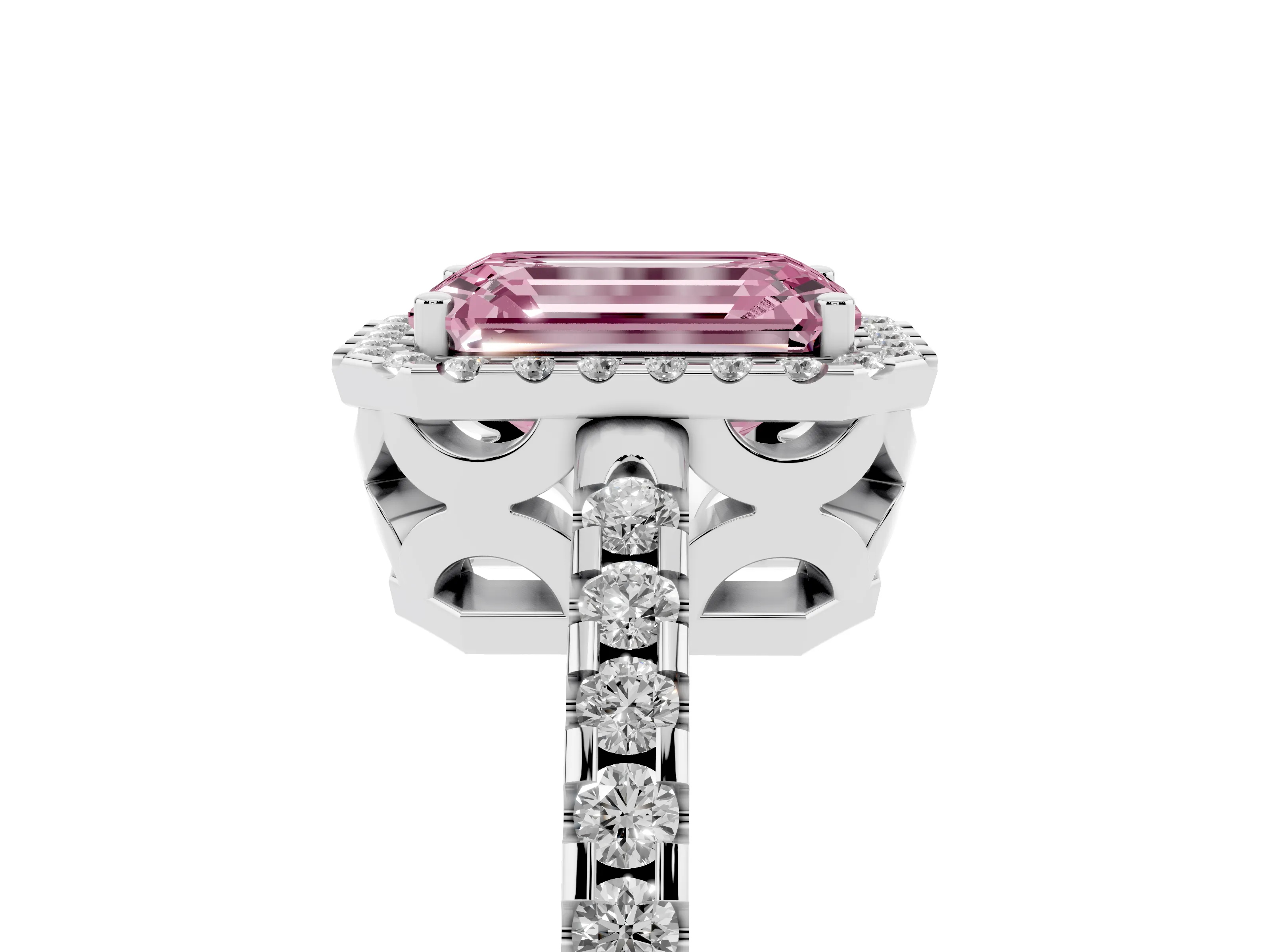 Fancy Pink Emerald Cut Diamond Halo Ring Set in White gold with Pavé Shoulders and Halo-Framed Center