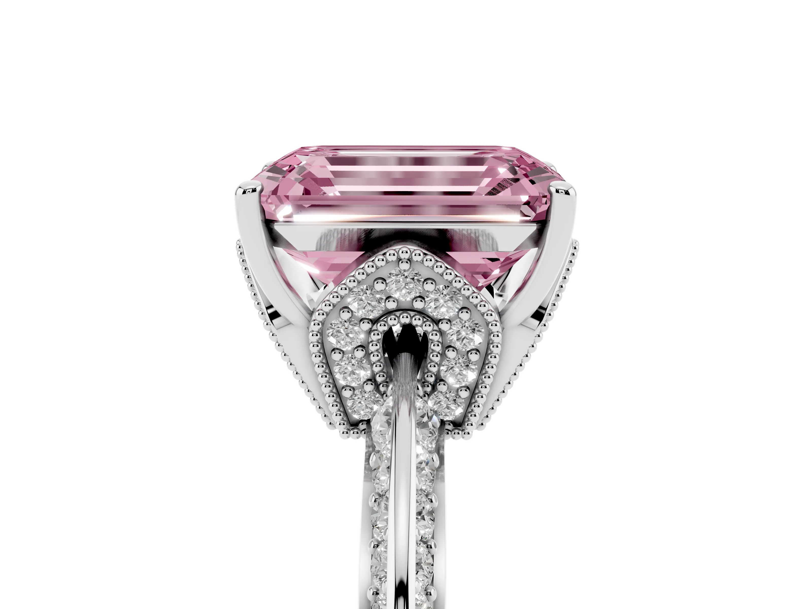 Fancy Pink Emerald Cut Diamond Solitaire Engagement Ring Set in White gold with Pavé Split Shank and Prong Setting