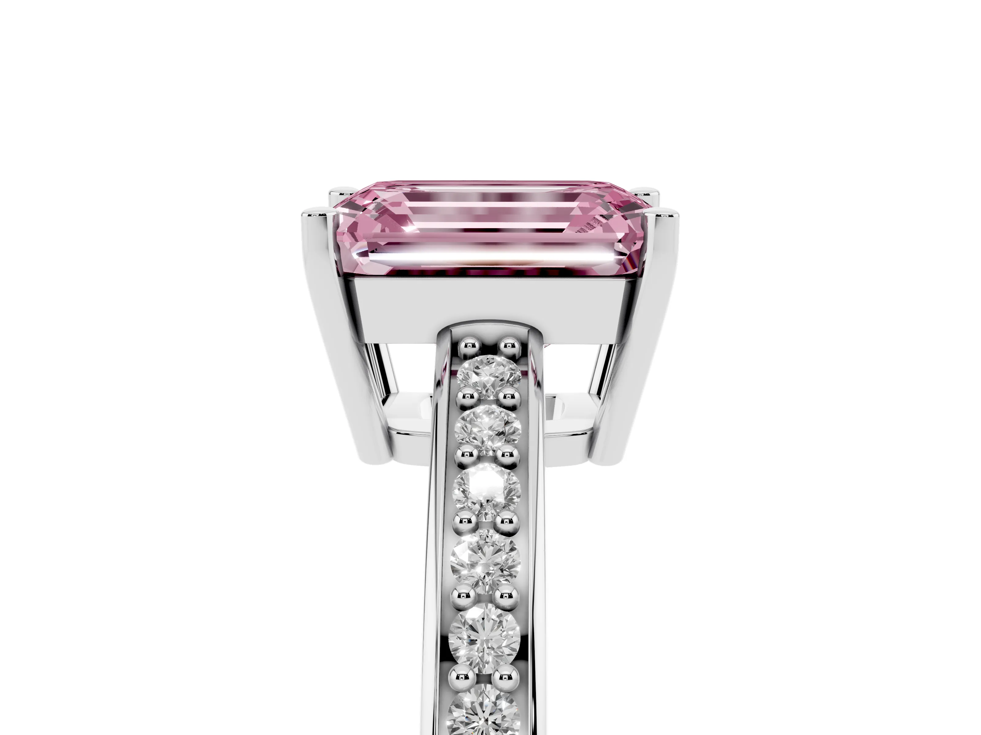 Fancy Pink Emerald Cut Diamond Pavé Band Prong Set Solitaire Ring Set in White gold
