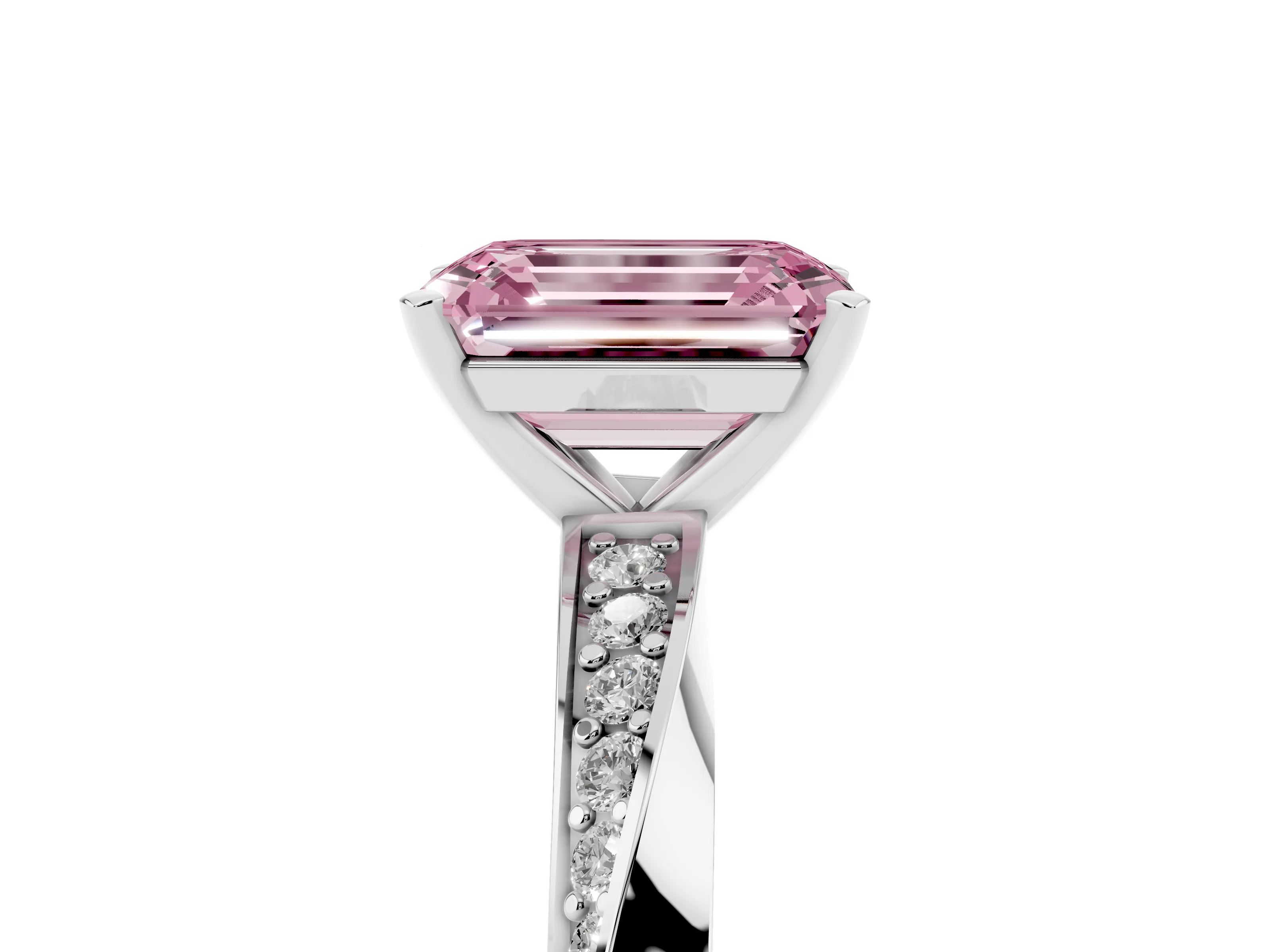 Fancy Pink Emerald Cut Diamond Engagement Ring Set in Platinum with Side Stone Accents and Prong Setting
