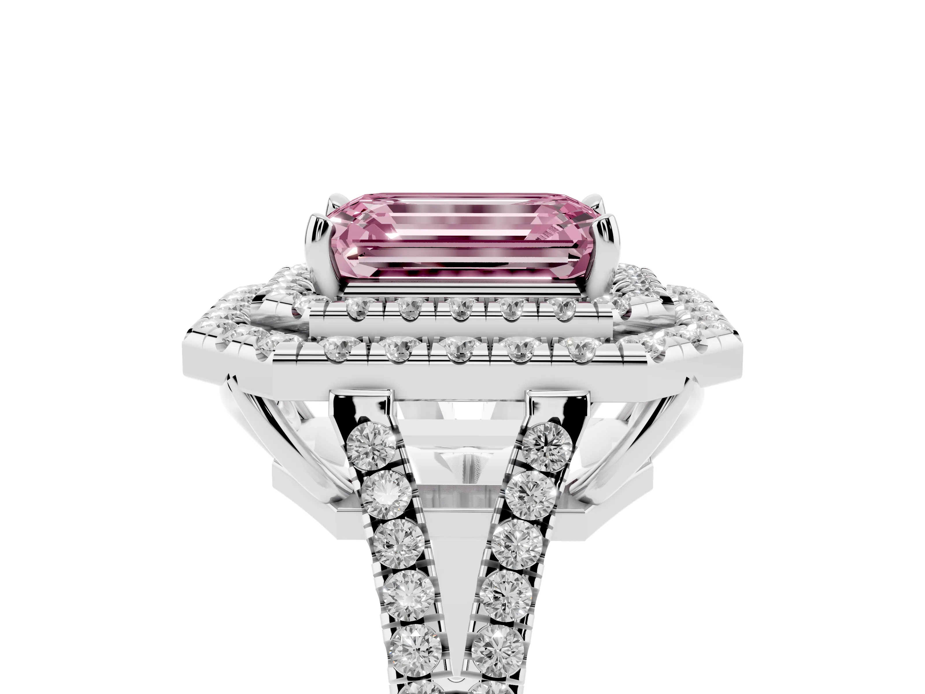 Fancy Pink Emerald Cut Diamond Double Halo Ring Set in Silver with Pavé Band
