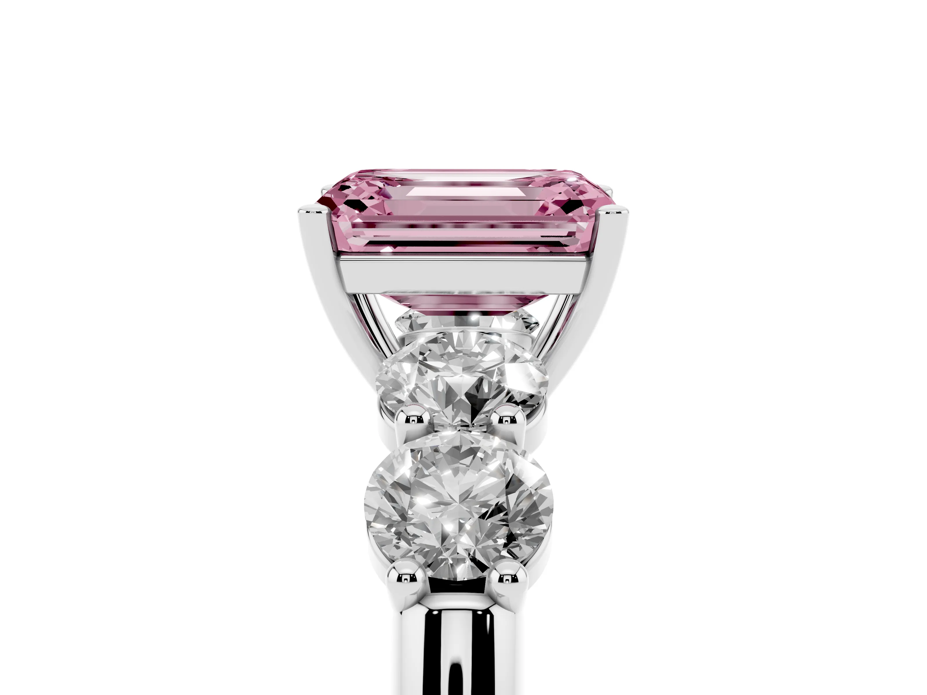 Fancy Pink Emerald Cut Diamond Five-Stone Prong Set Ring Set in White gold with Classic Band