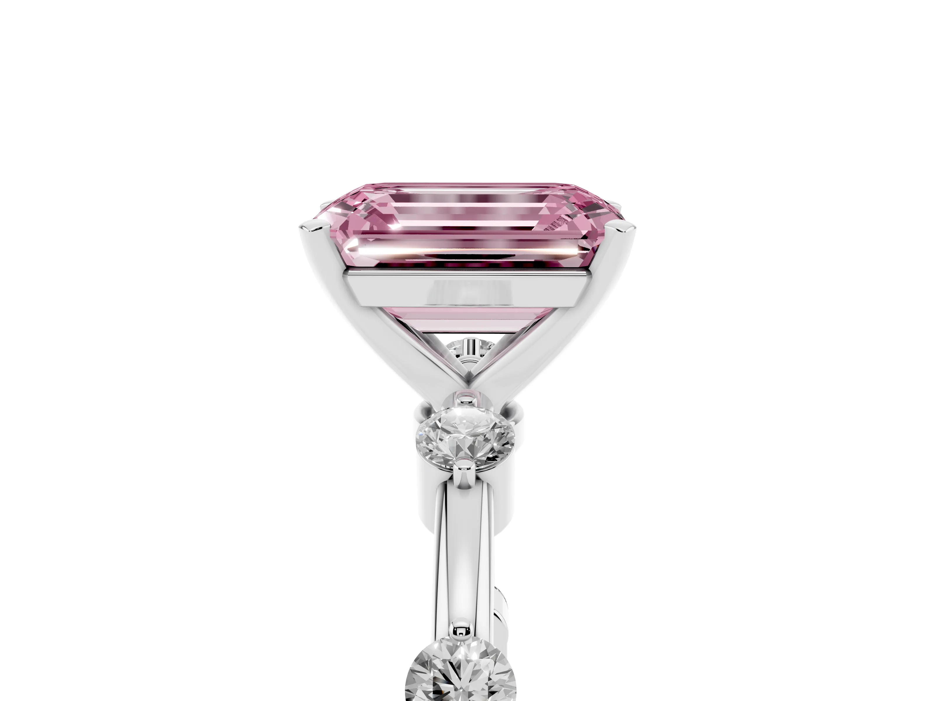 Fancy Pink Emerald Cut Diamond Solitaire Ring Set in White gold with Bezel Set Side Stones and Prong Setting