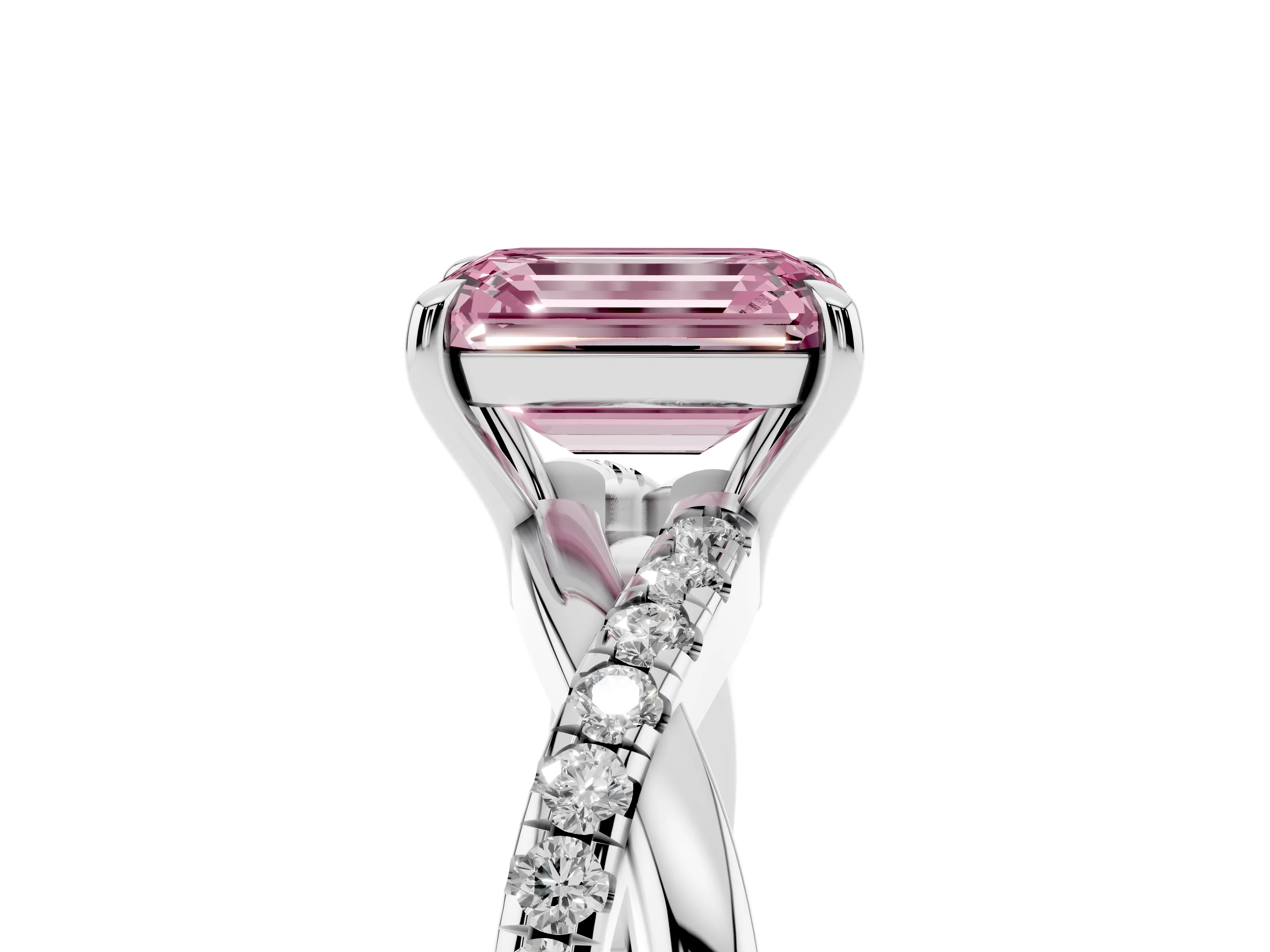 Fancy Pink Emerald Cut Diamond Twisted Pavé Band Ring Set in White gold with Prong Setting