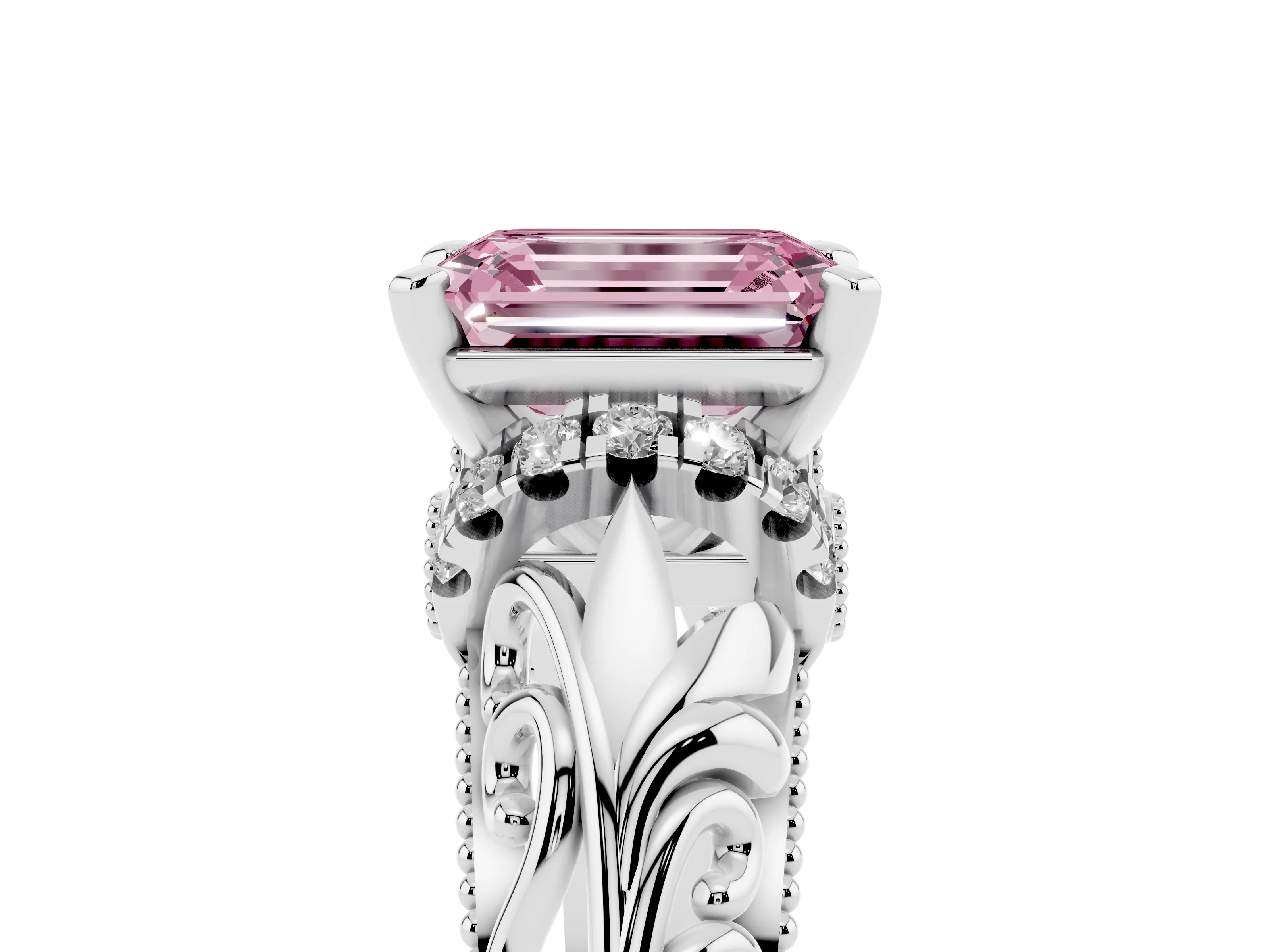Fancy Pink Emerald Cut Diamond Filigree Halo Engagement Ring Set in White gold with Prong Setting