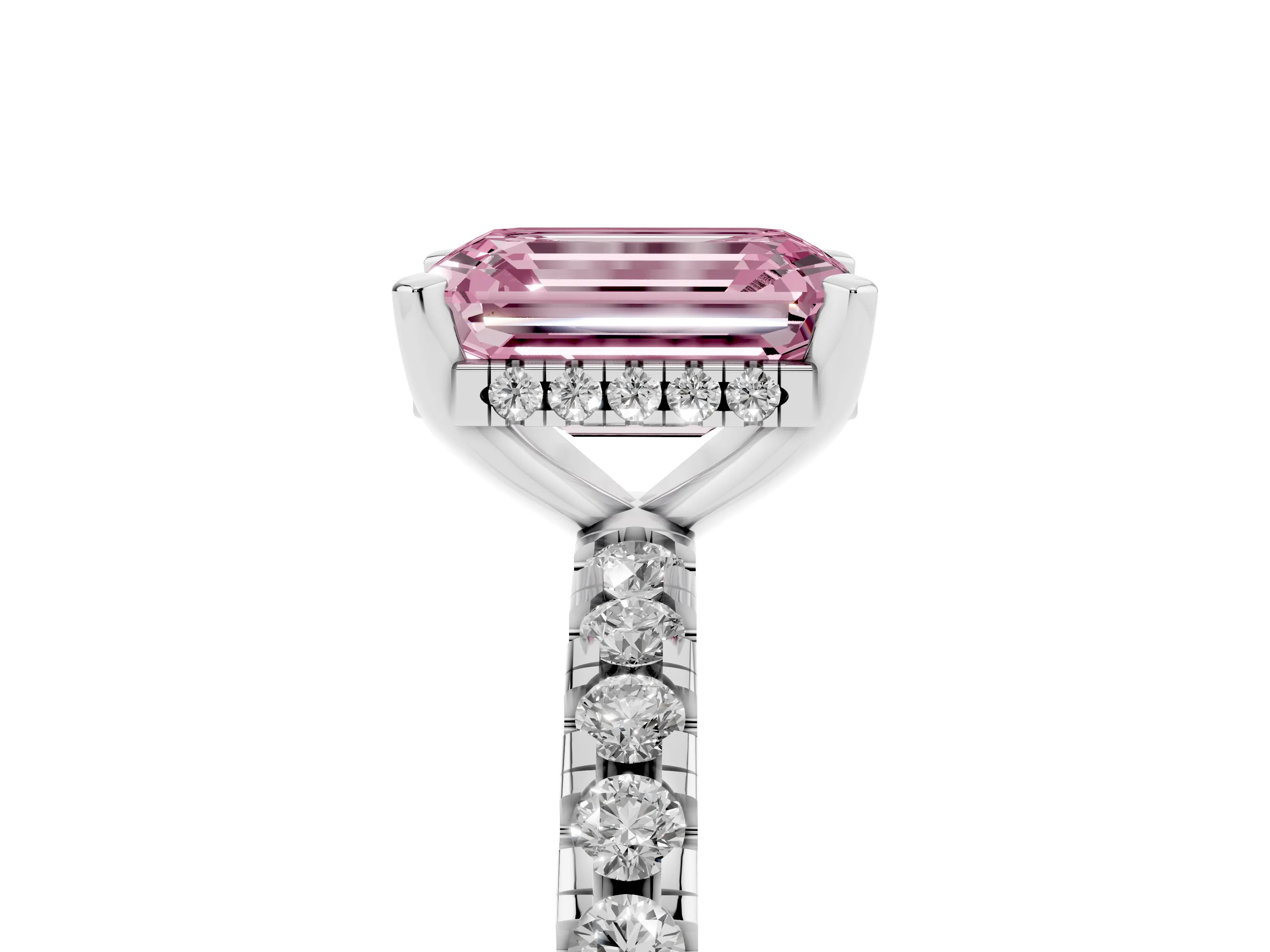 Fancy Pink Emerald Cut Diamond Pavé Solitaire Ring Set in Silver with Round Band Accents and Prong Setting