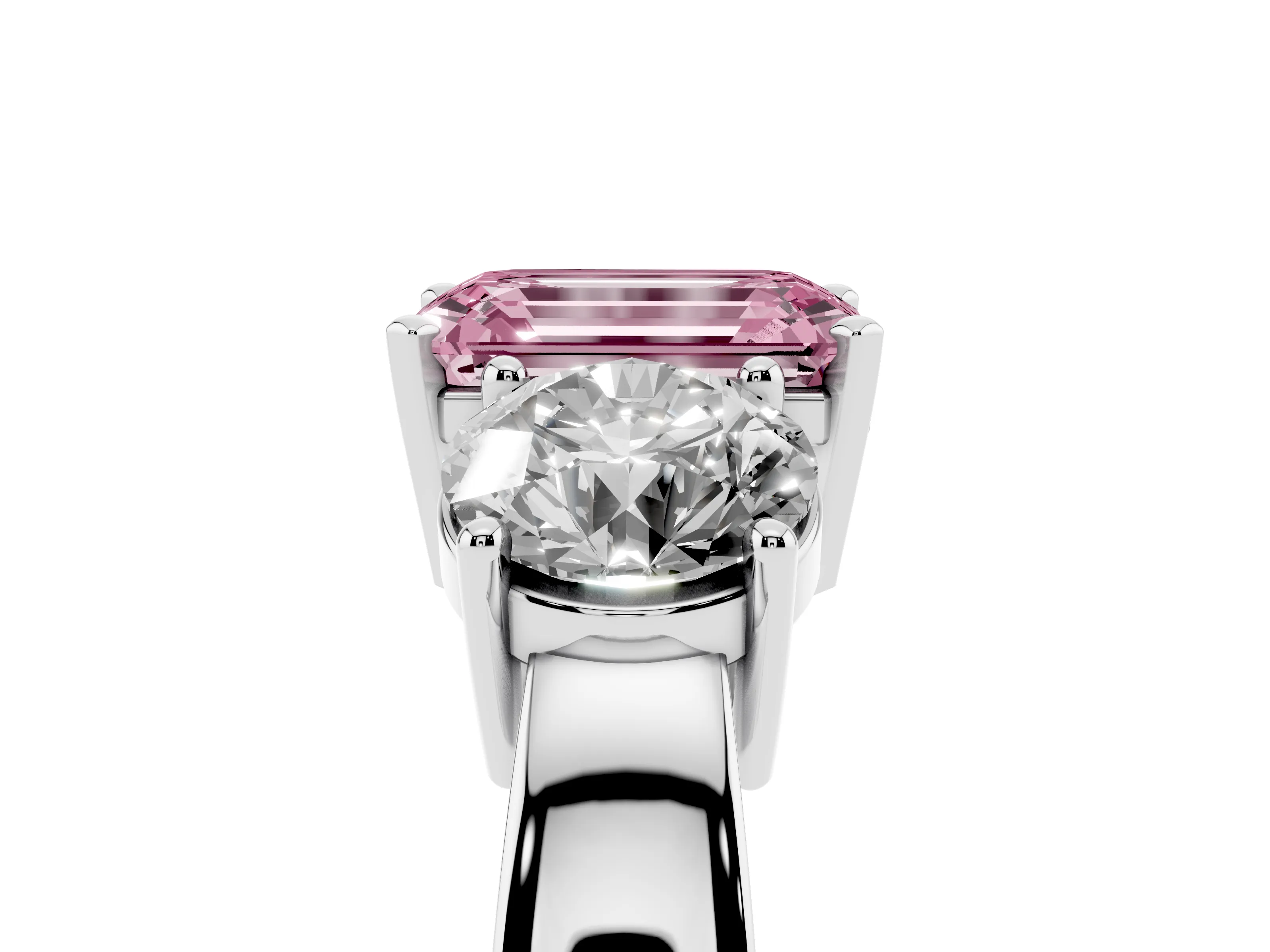 Fancy Pink Emerald Cut Diamond Three-Stone Ring Set in Silver with Round Side Stones and Classic Band