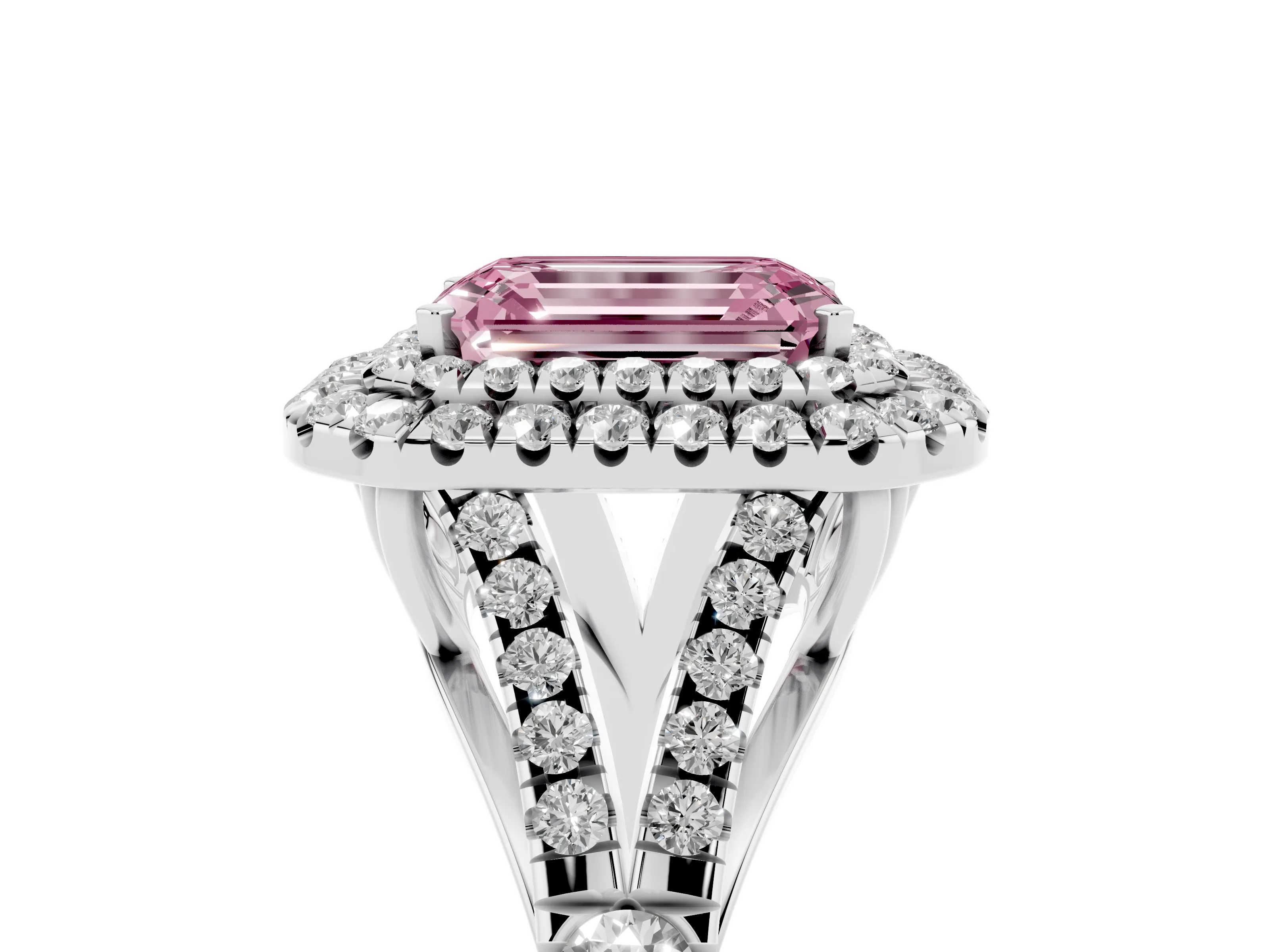 Fancy Pink Emerald Cut Diamond Pavé Split Shank Double Halo Engagement Ring Set in Silver
