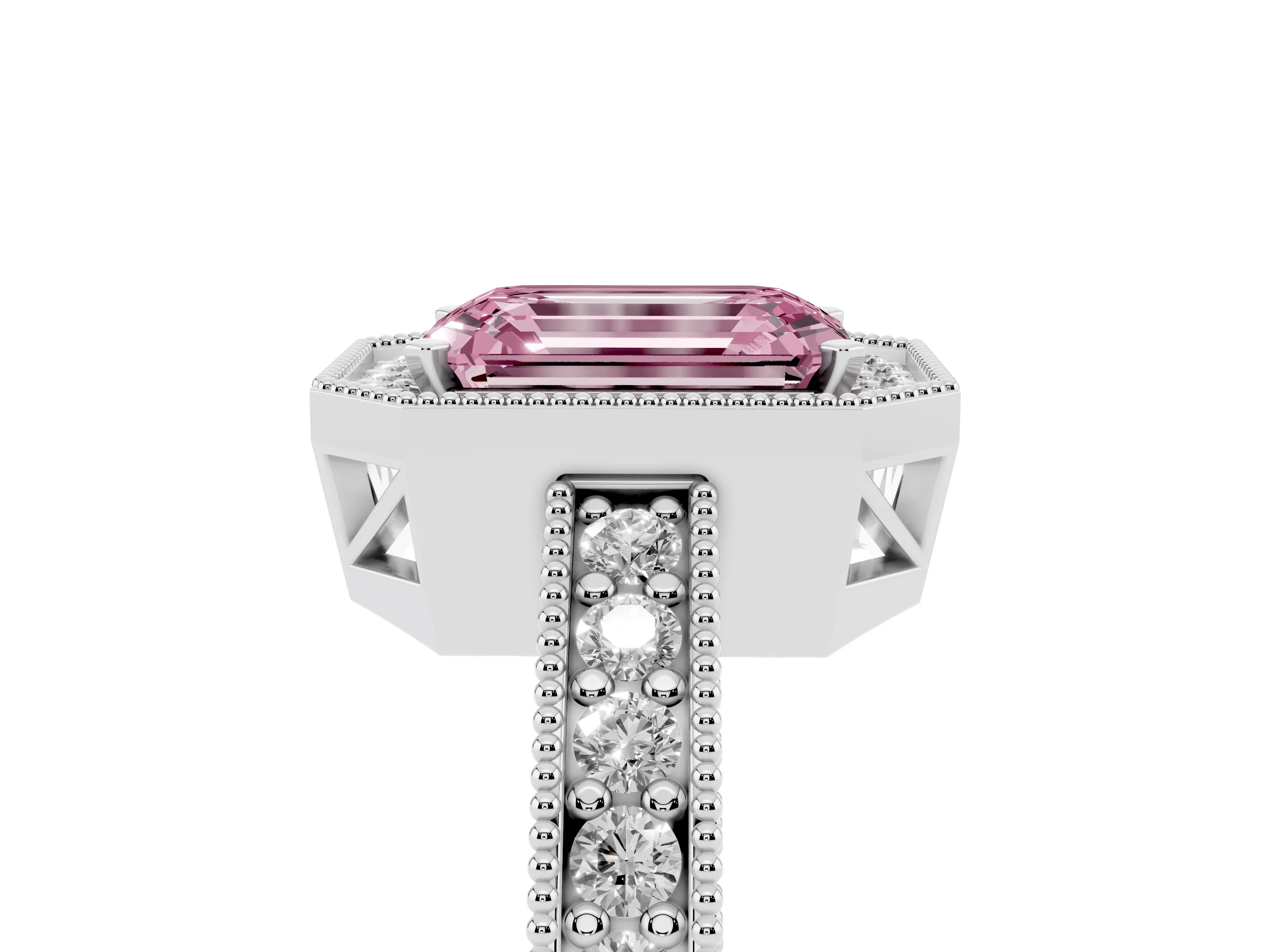 Fancy Pink Emerald Cut Diamond Halo Pavé Band Ring Set in Platinum with Prong-Set Center