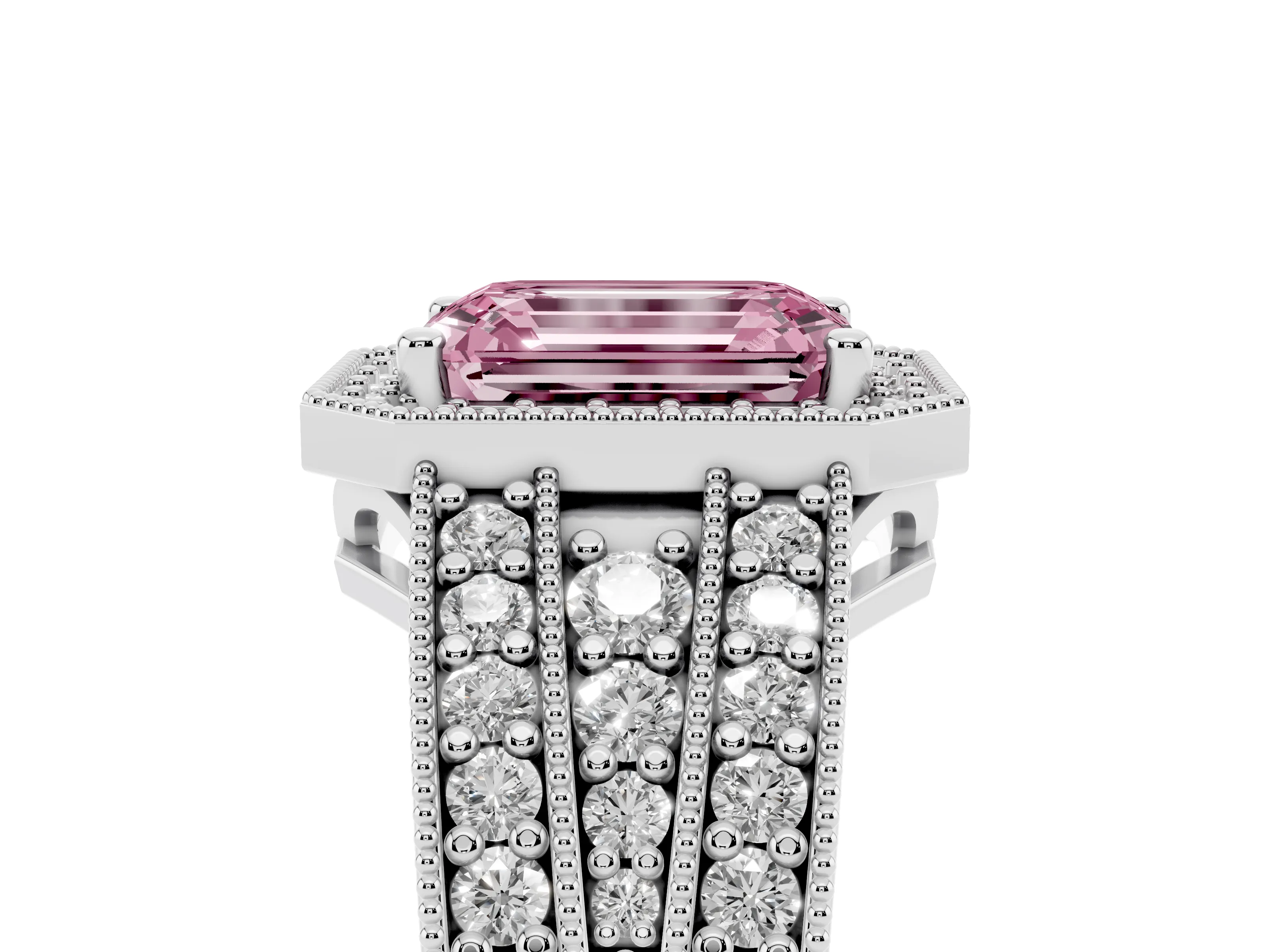 Fancy Pink Emerald Cut Diamond Halo Ring Set in Platinum with Accent Split Shank and Prong Setting