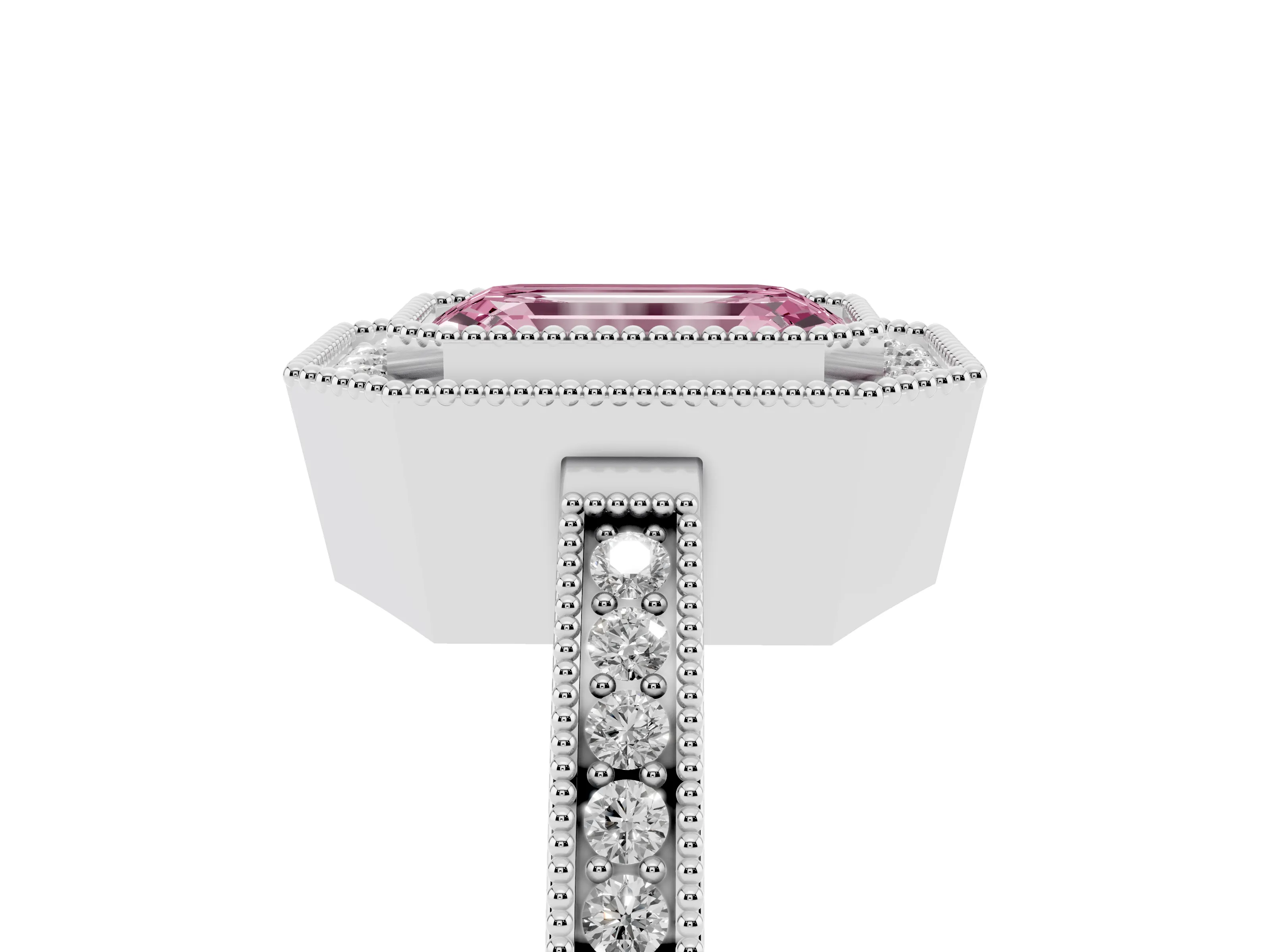 Fancy Pink Emerald Cut Diamond Halo Ring Set in White gold with Pavé Band and Milgrain-Edged Prongs