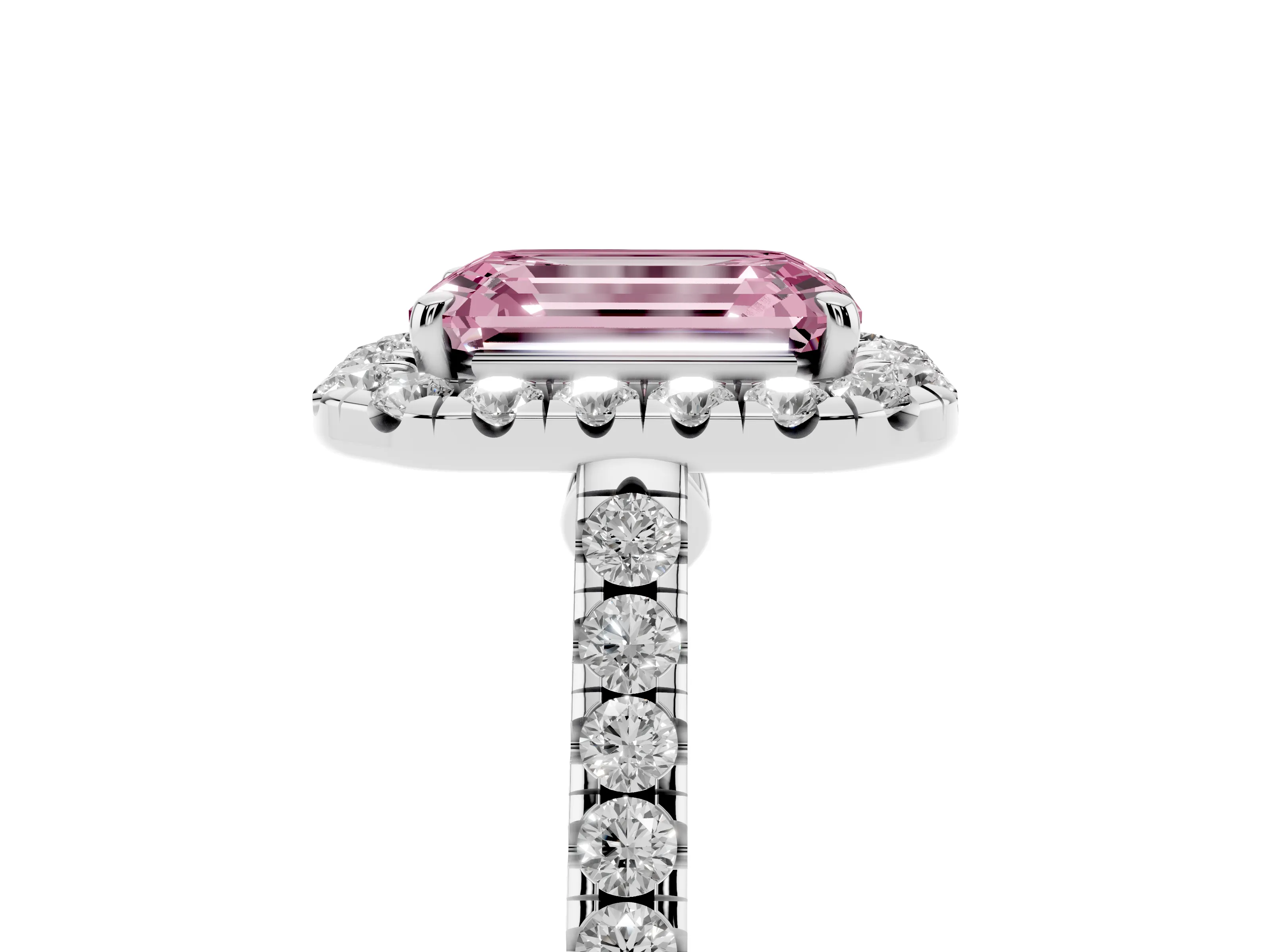 Fancy Pink Emerald Cut Diamond Halo Pavé Engagement Ring Set in Silver with Prong Setting