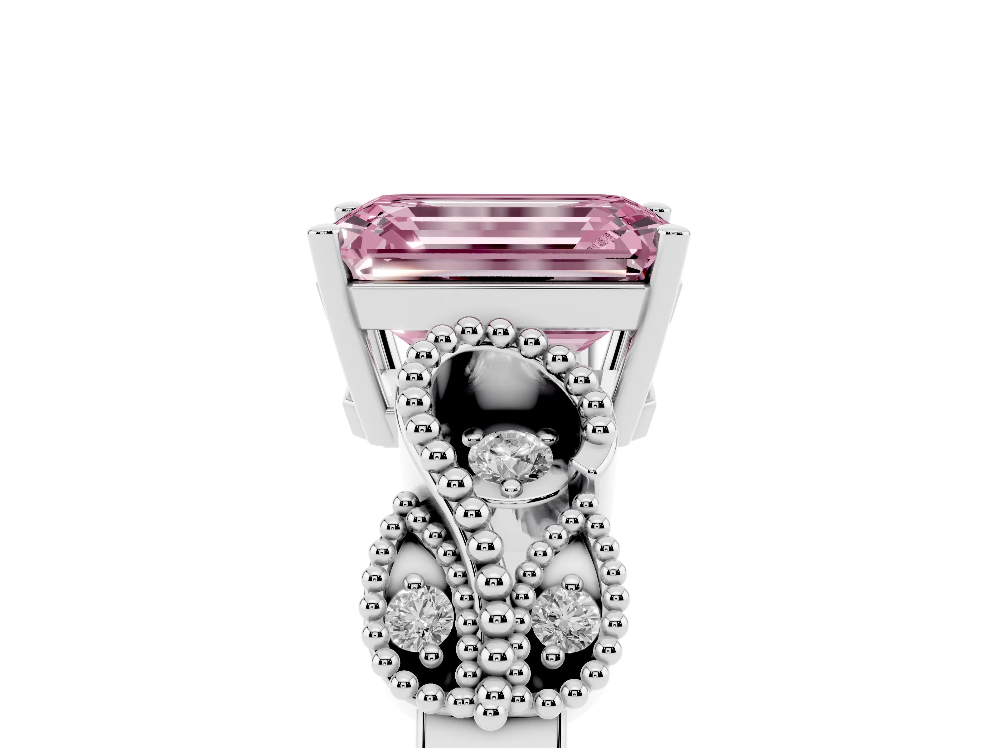 Fancy Pink Emerald Cut Diamond Milgrain Leaf Band Solitaire Ring Set in White gold with Accent Stones and Prong Setting