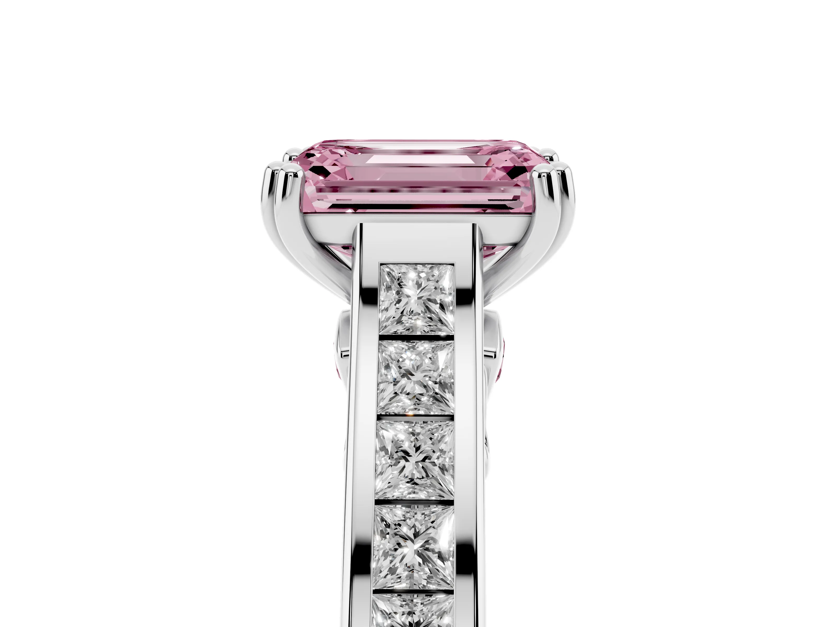 Fancy Pink Emerald Cut Diamond Channel Set Solitaire Engagement Ring Set in Silver with Prong Setting