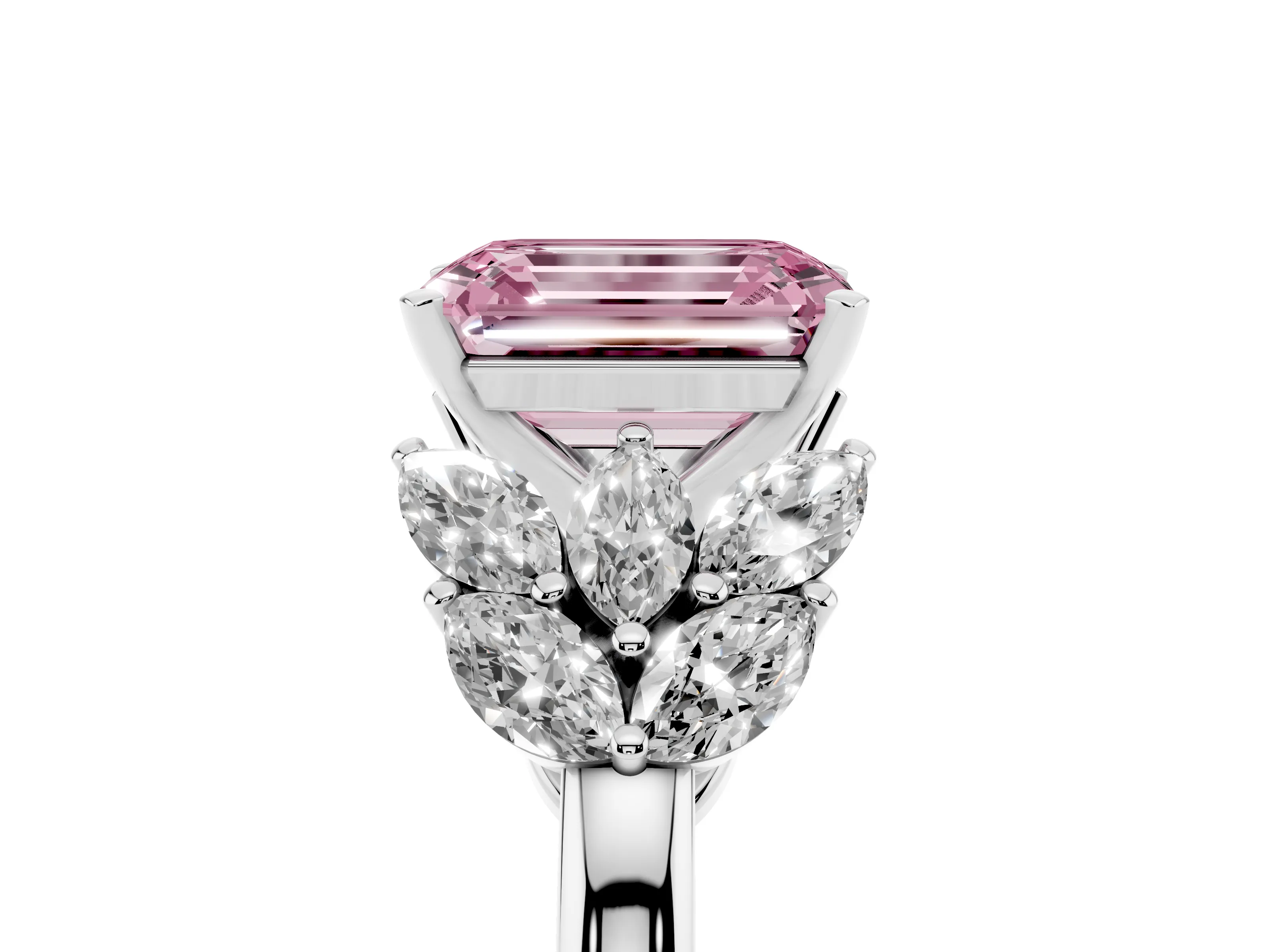 Fancy Pink Emerald Cut Diamond Cluster Leaf Design Ring Set in Platinum with Prong Setting