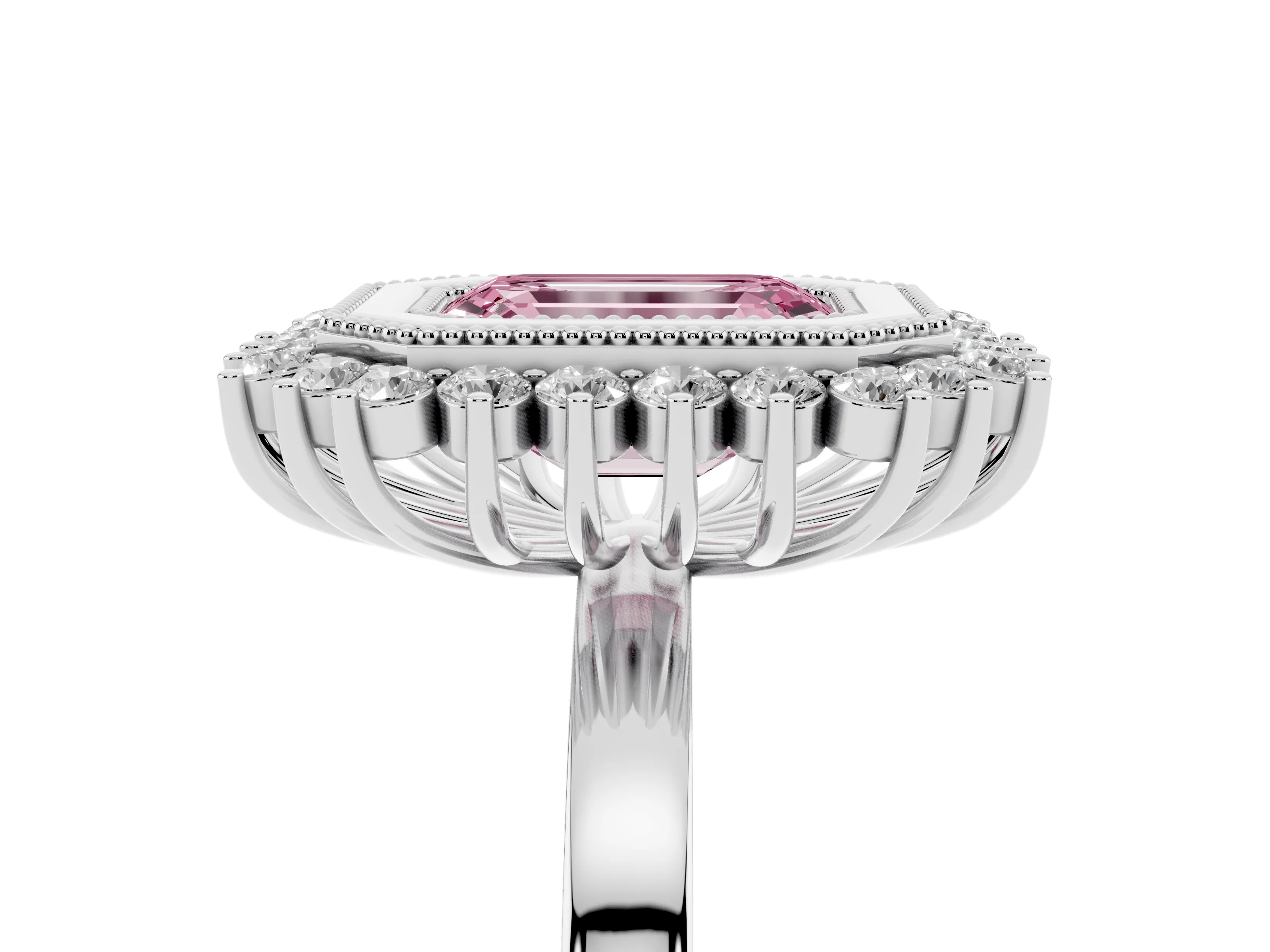 Fancy Pink Emerald Cut Diamond Halo Ring Set in Silver with Milgrain Edge and Round Prong Setting