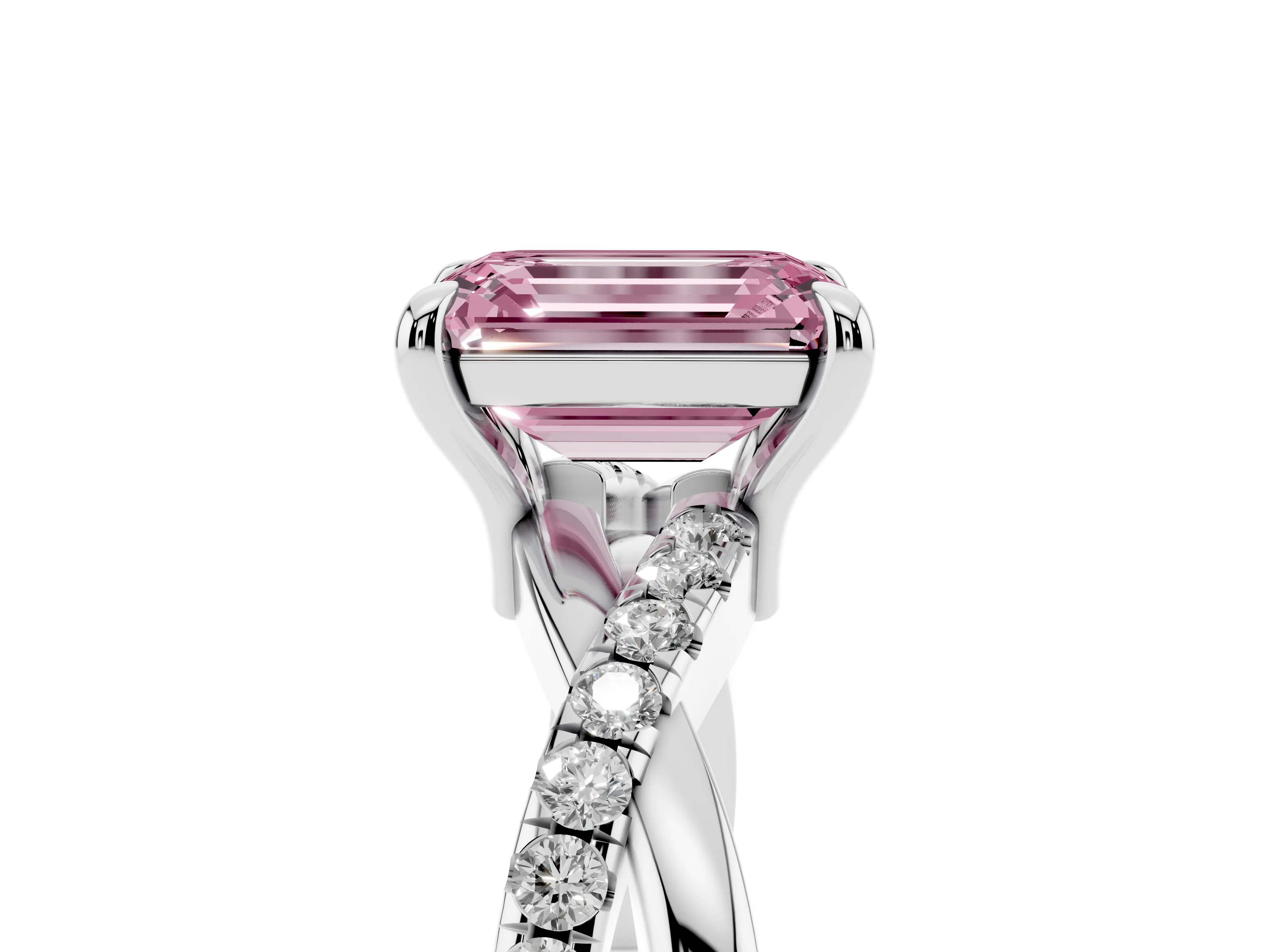 Fancy Pink Emerald Cut Diamond Twist Band Pavé Solitaire Ring Set in Platinum with Prong Setting