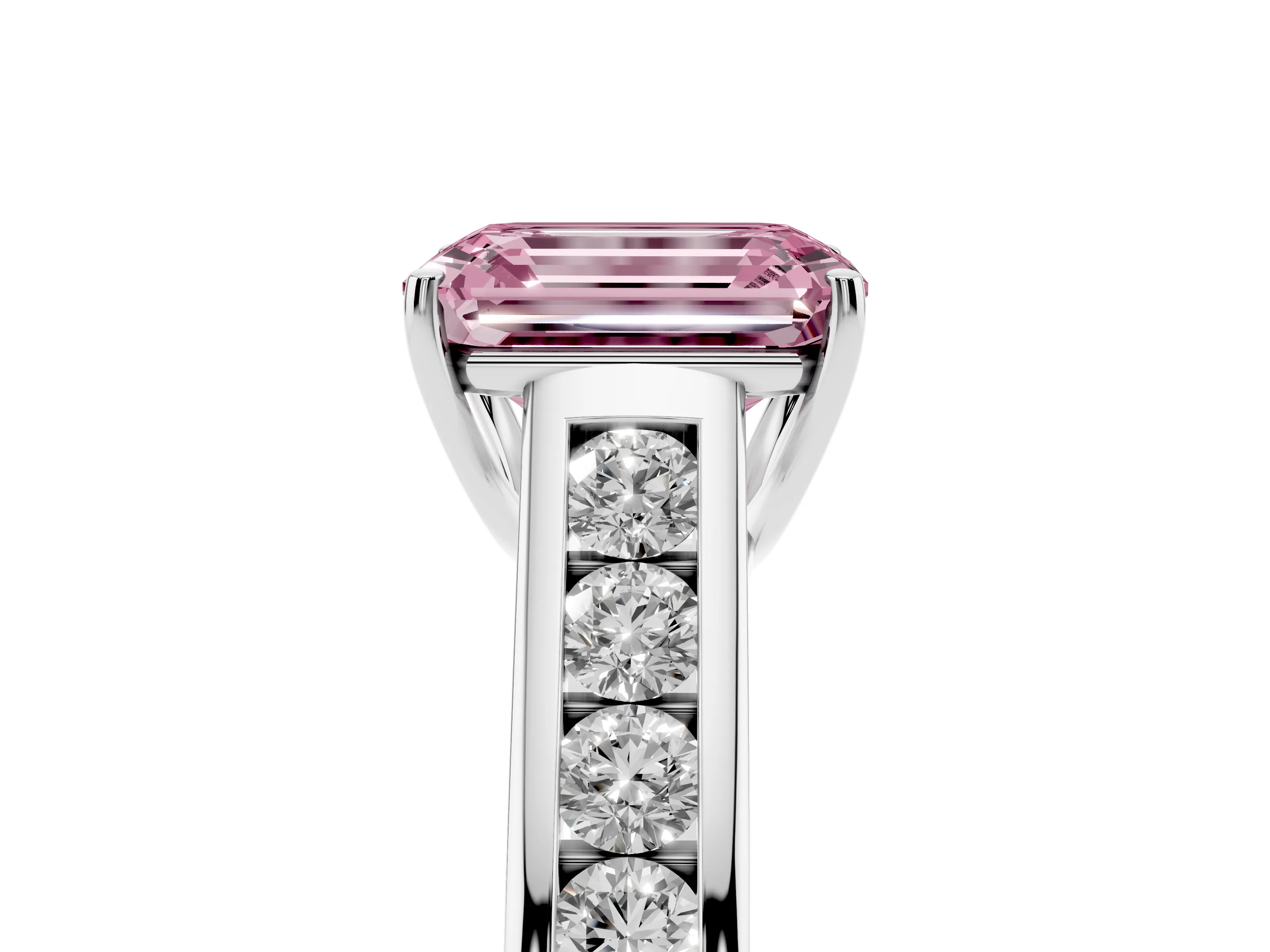 Fancy Pink Emerald Cut Diamond Solitaire Channel-Set Engagement Ring Set in White gold with Prong Setting