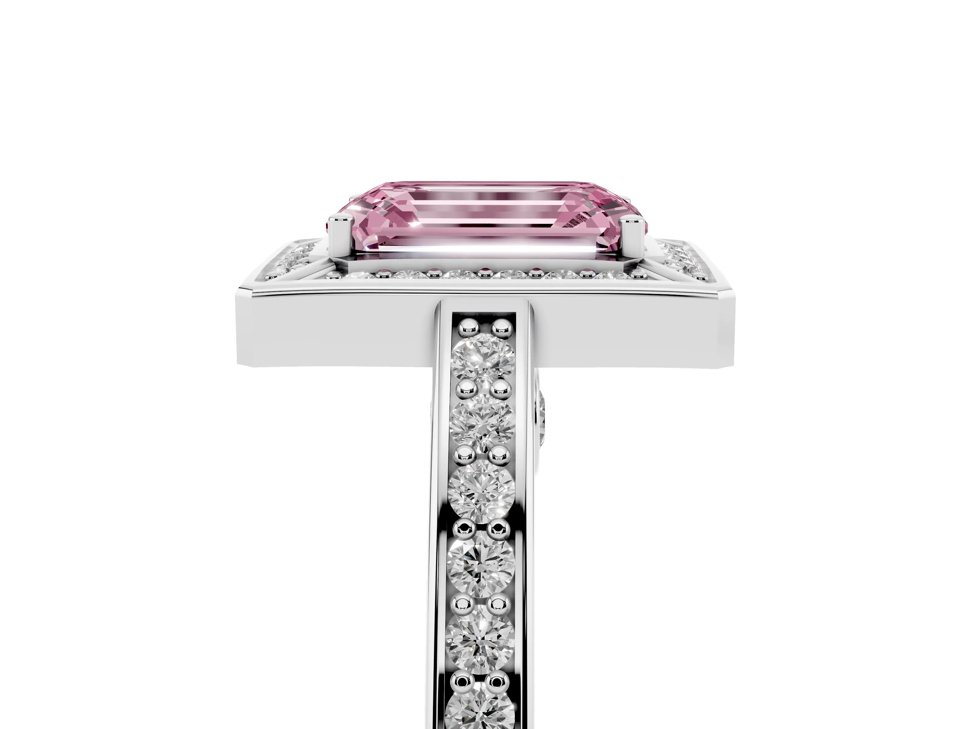 Fancy Pink Emerald Cut Diamond Halo Pavé Split Shank Ring Set in Silver with Prong Setting
