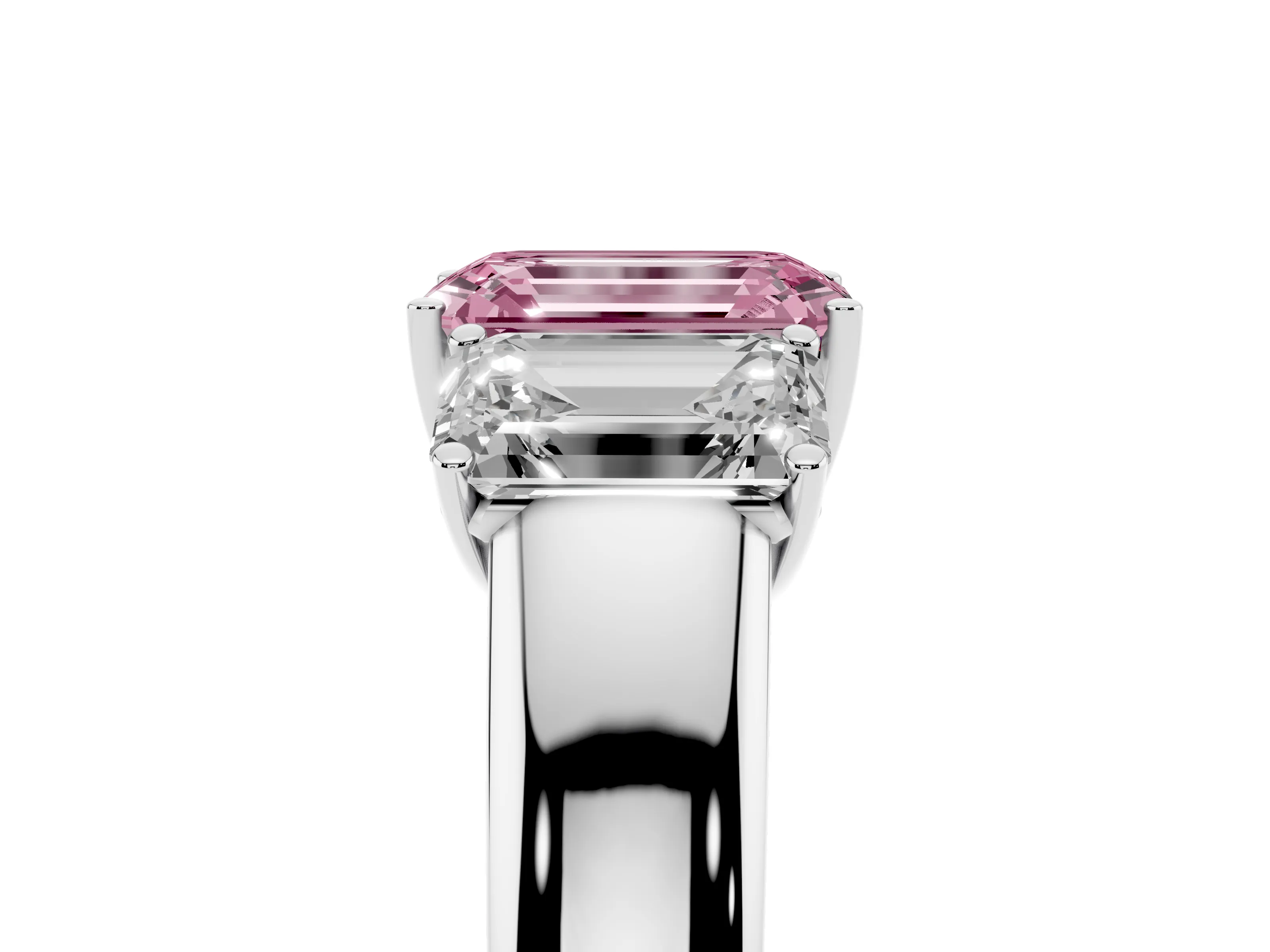 Fancy Pink Three-Stone Emerald Cut Diamond Ring Set in White gold with Matching Prong Settings and Plain Band