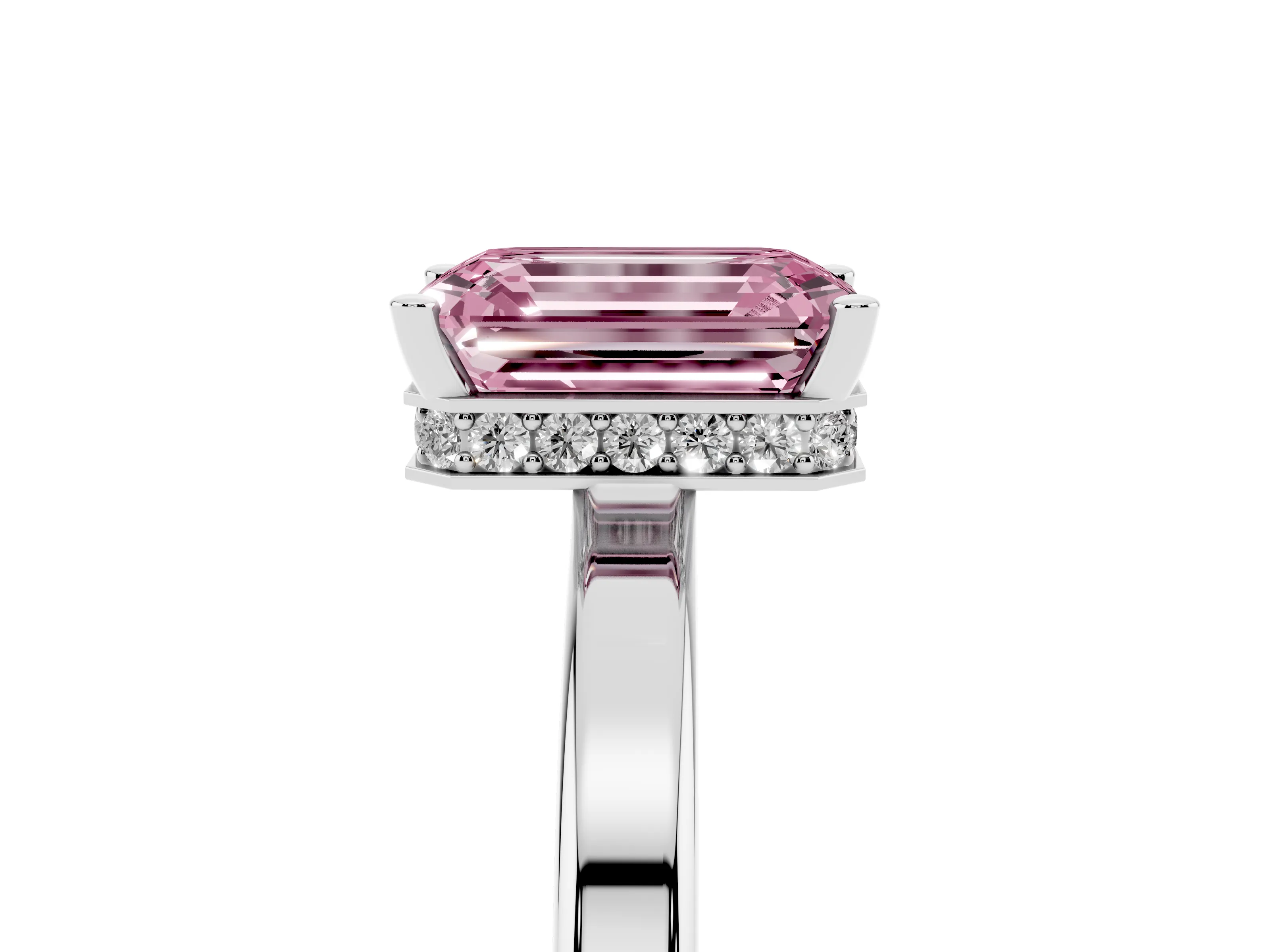 Fancy Pink Emerald Cut Diamond Solitaire Engagement Ring Set in Platinum with Prong Setting on a Plain Band