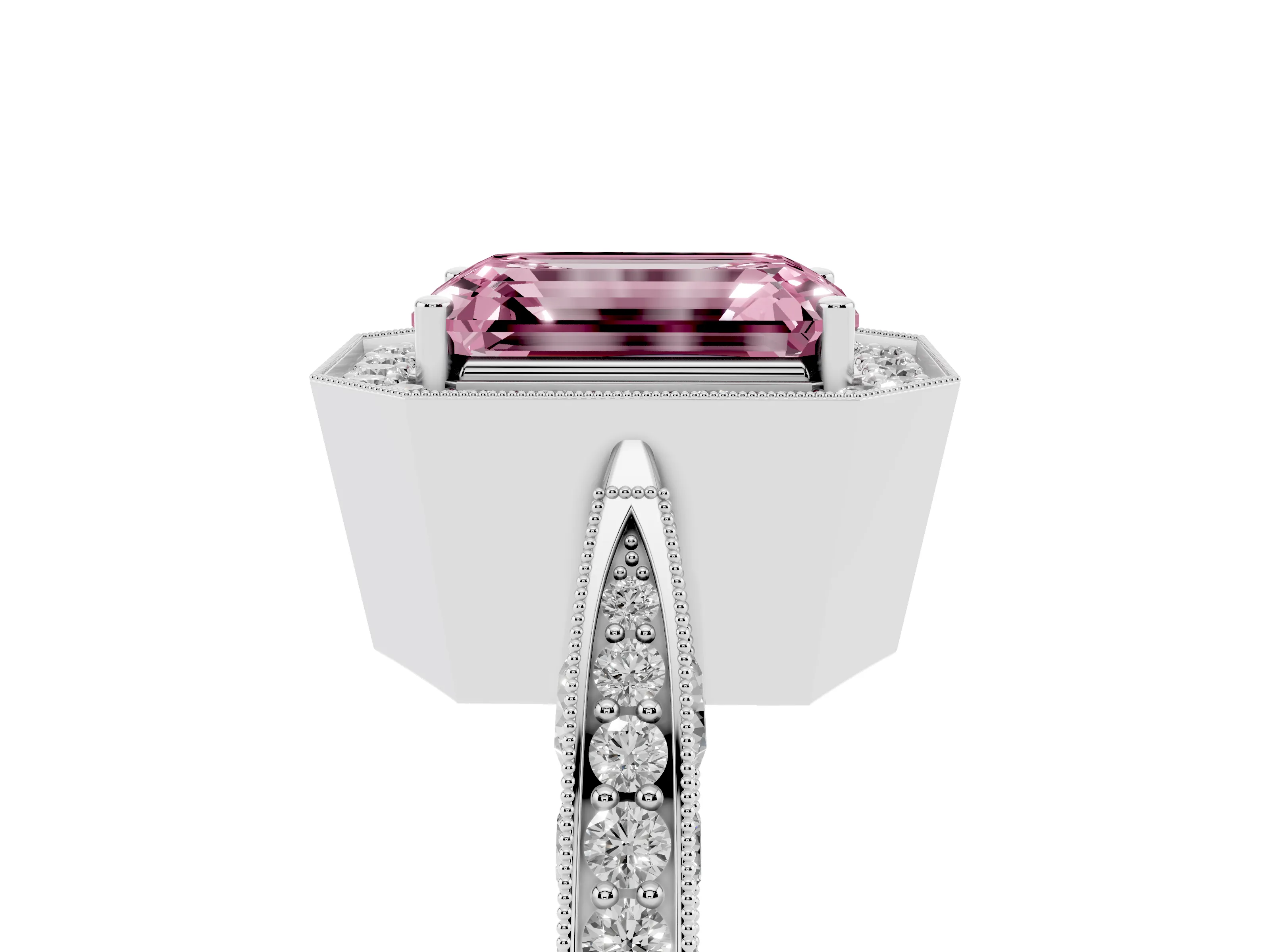 Fancy Pink Emerald Cut Diamond Halo Engagement Ring Set in Platinum with Accent Split Shank Band