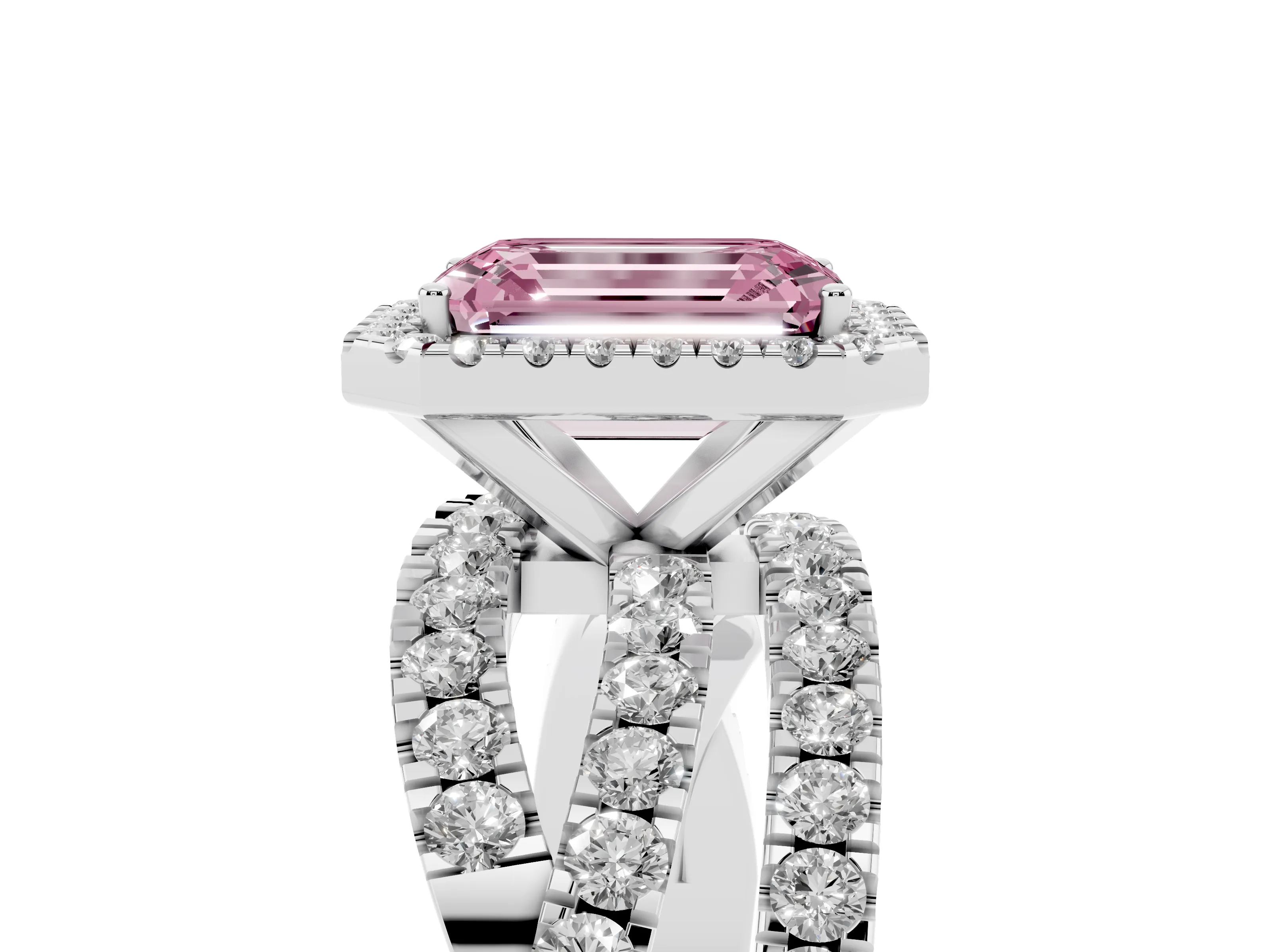 Fancy Pink Emerald Cut Diamond Halo Ring Set in Platinum with Round Crossover Split Shank and Prong Setting