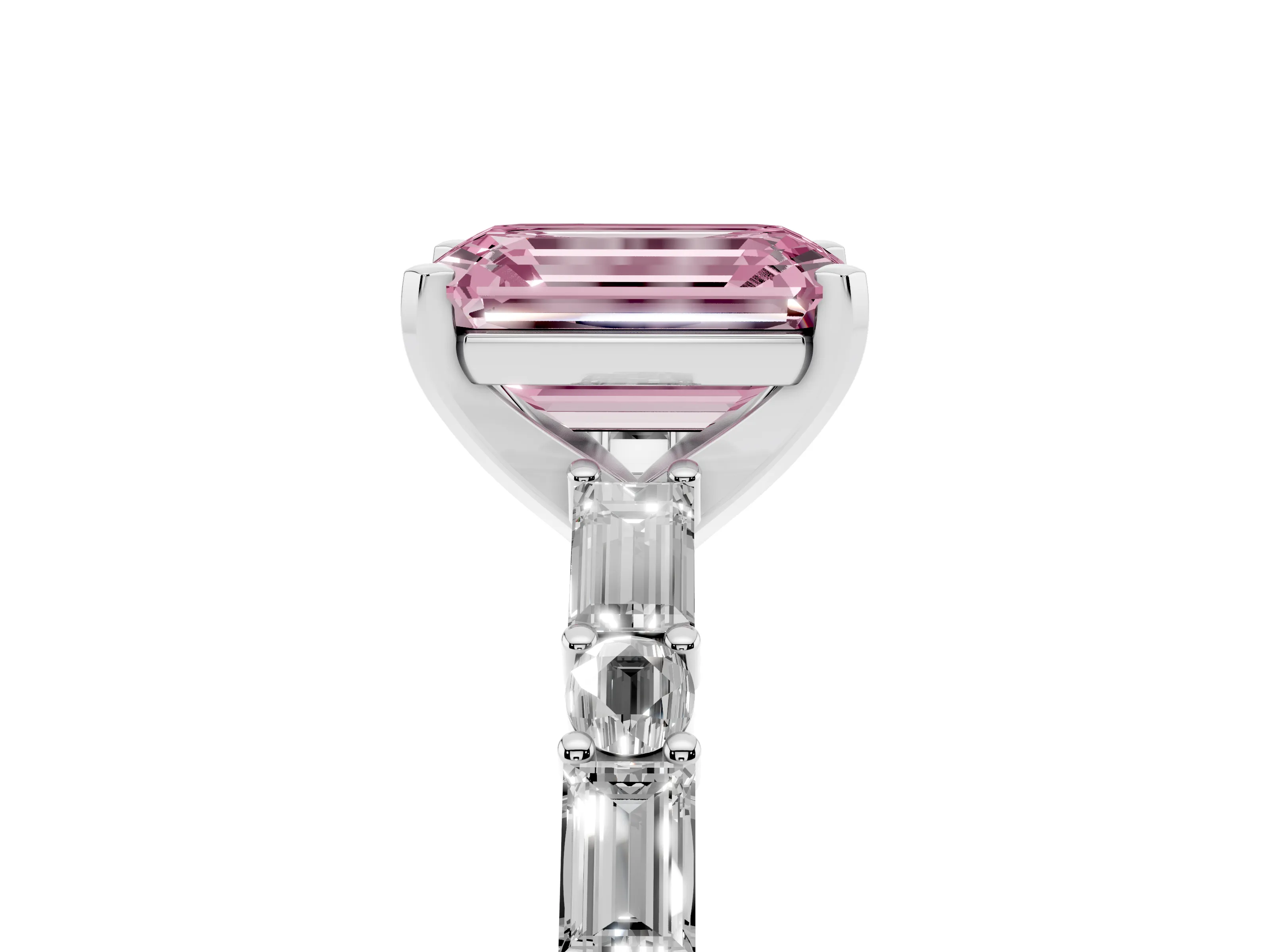 Fancy Pink Emerald Cut Diamond Solitaire Set in Platinum with Side Baguettes and Channel Set Band