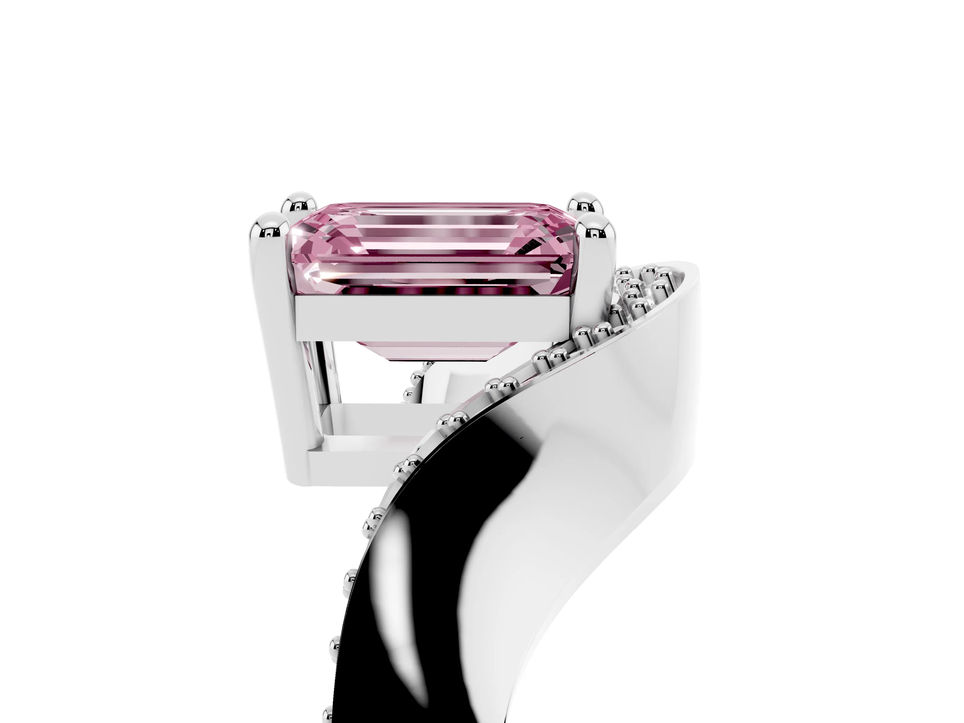 Fancy Pink Emerald Cut Diamond Solitaire Engagement Ring Set in Silver with Pavé Shoulders