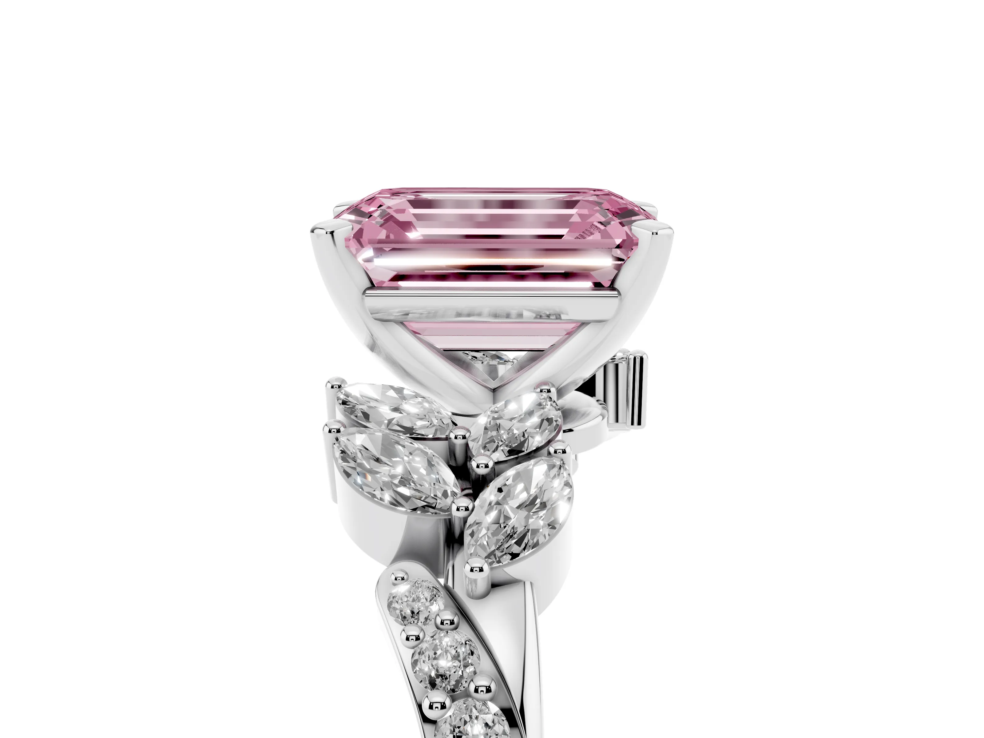 Fancy Pink Emerald Cut Diamond Solitaire Ring Set in Silver with Marquise Twist Band and Prong Setting