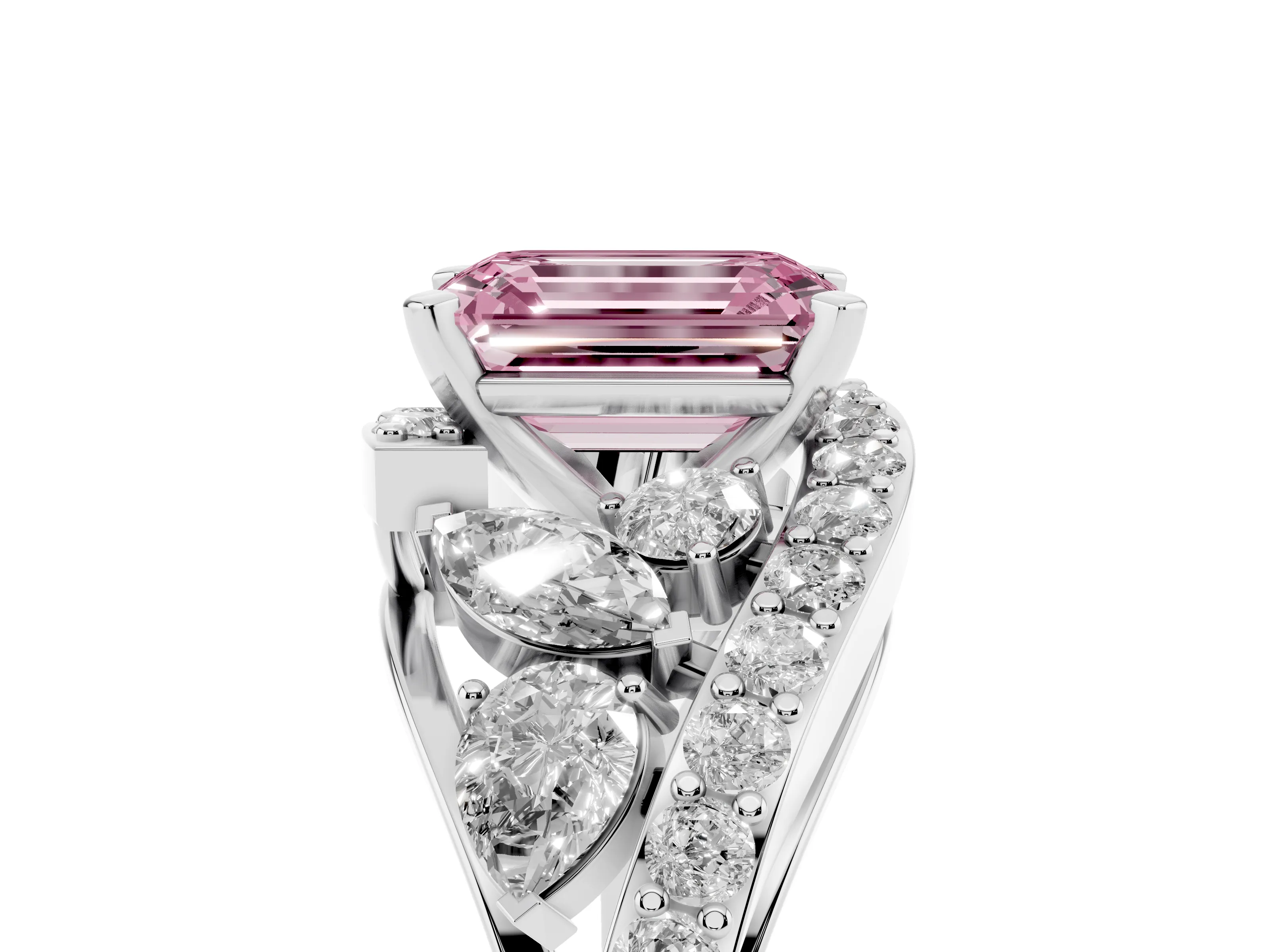 Fancy Pink Emerald Cut Diamond Halo Ring Set in Platinum with Marquise and Pavé Band in Prong Setting