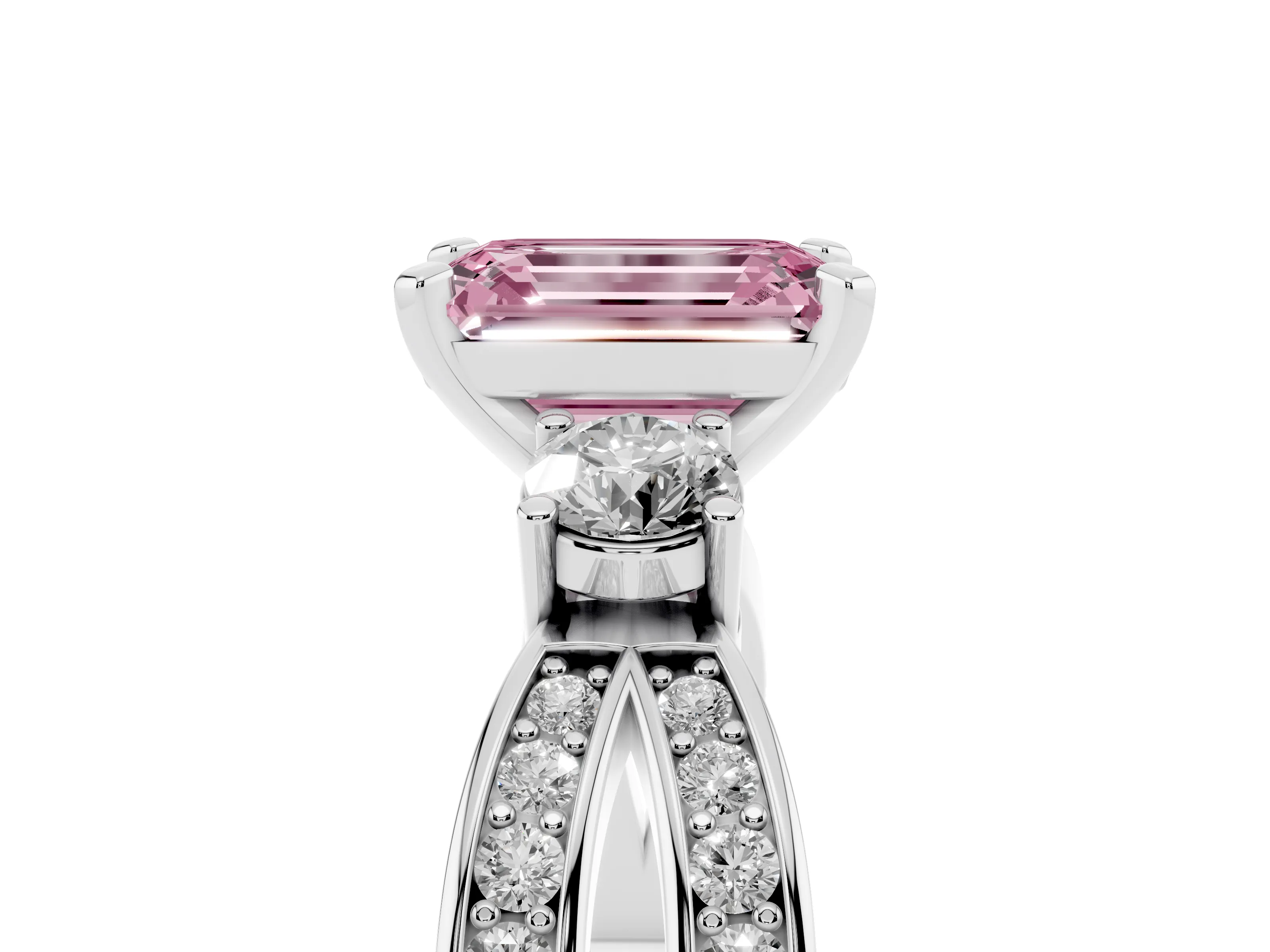 Fancy Pink Three-Stone Emerald Cut Diamond Twist Band Ring Set in Silver with Pavé Accents and Prong Setting