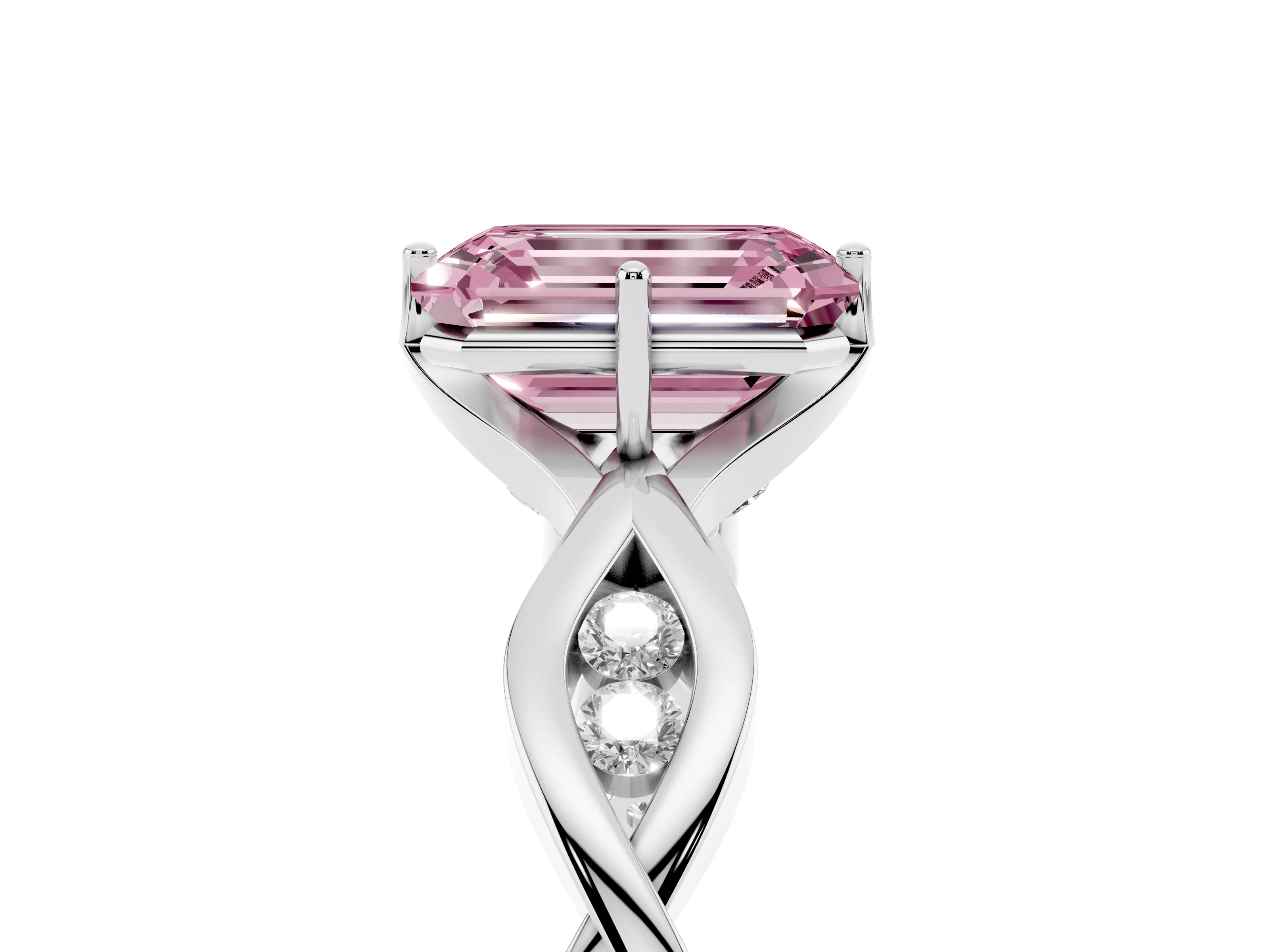 Fancy Pink Emerald Cut Diamond Twist Band Solitaire Ring Set in Platinum with Leaf Prong Setting and Accent Stones