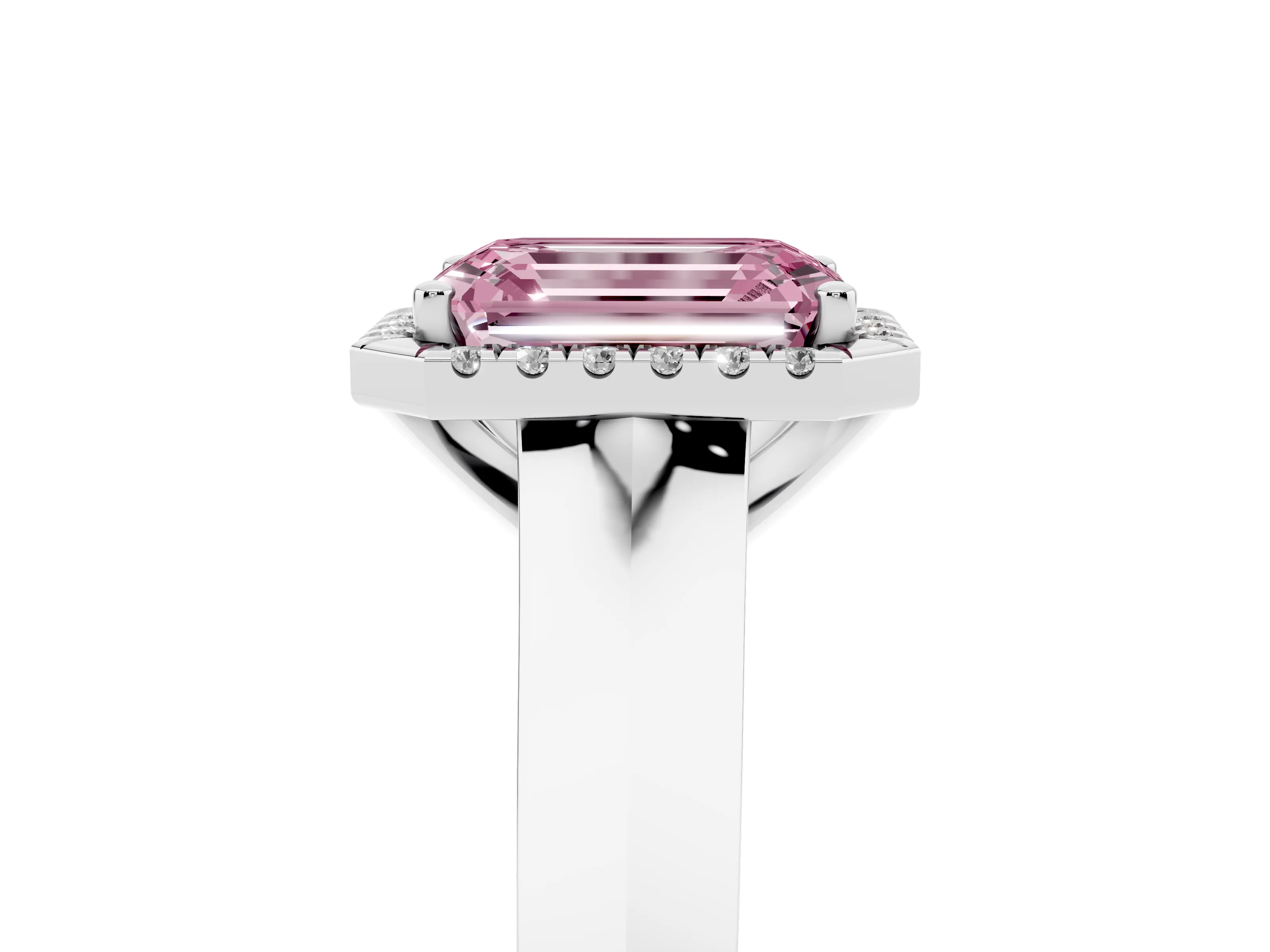 Fancy Pink Emerald Cut Diamond Halo Ring Set in Platinum with Cathedral Band and Prong Setting