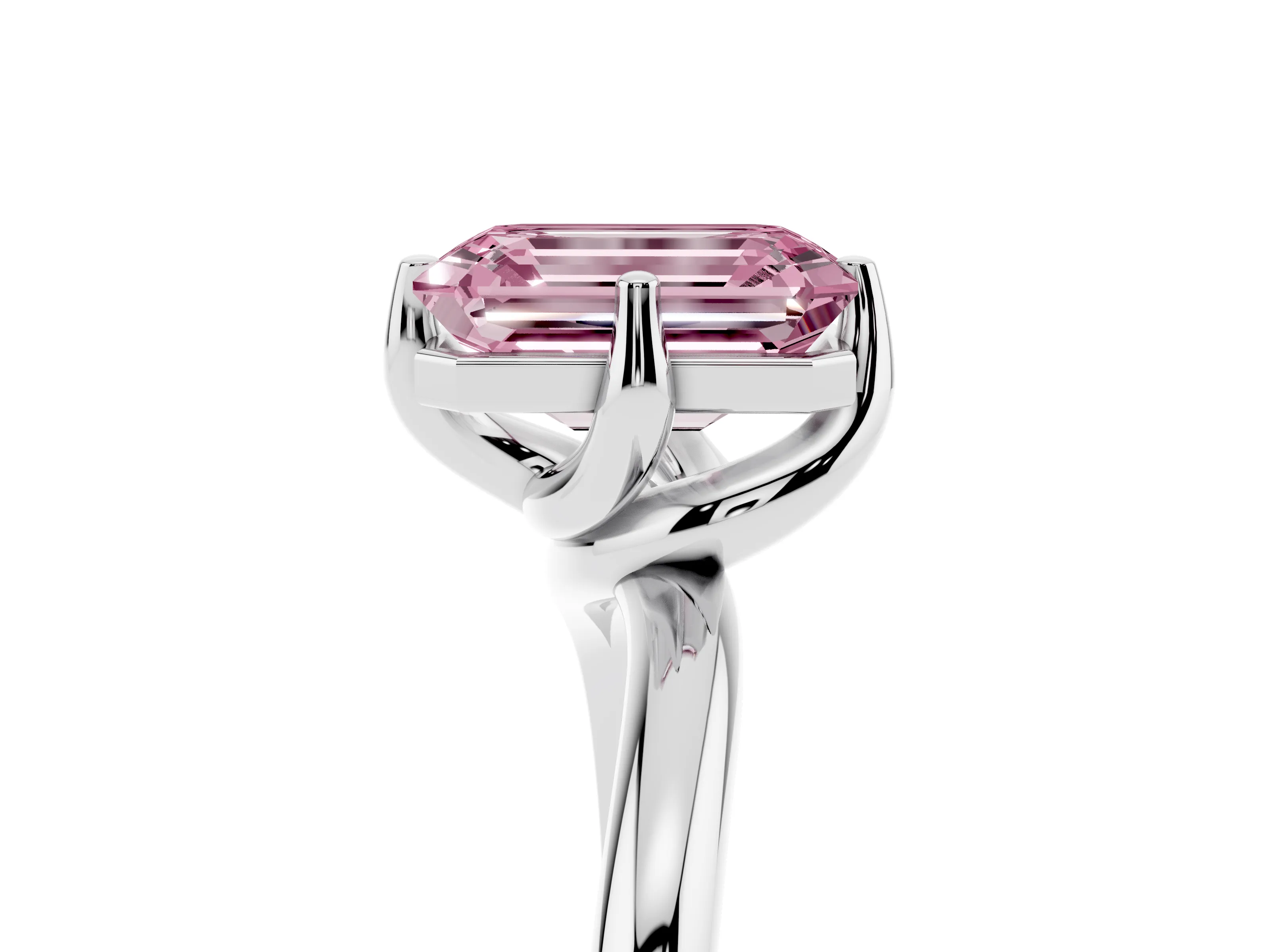 Fancy Pink Emerald Cut Diamond Solitaire Engagement Ring Set in Silver with Classic Plain Band