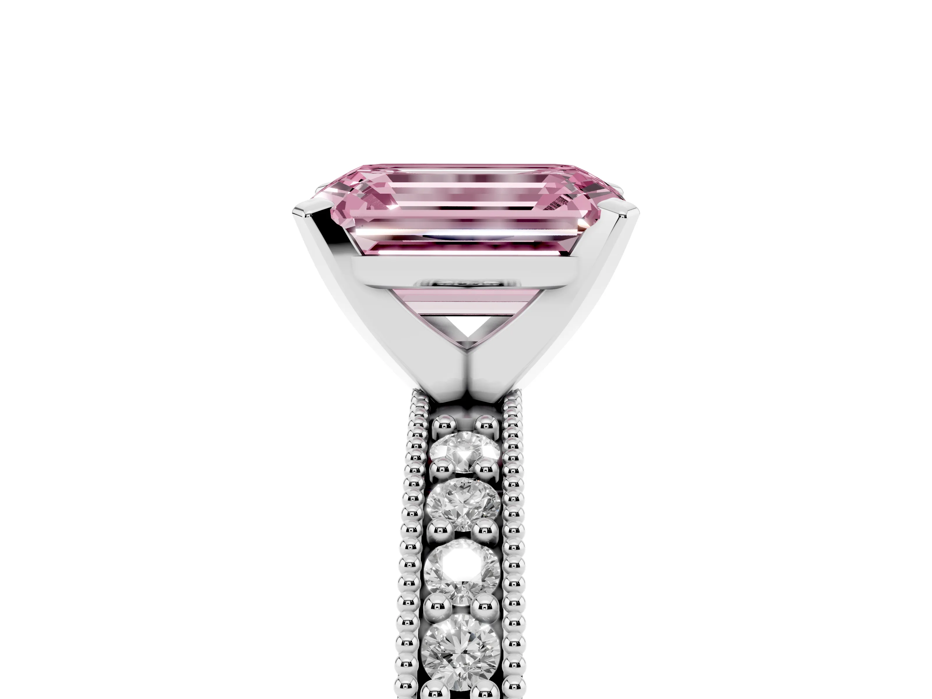 Fancy Pink Emerald Cut Diamond Milgrain Pavé Engagement Ring Set in Silver with Prong Setting