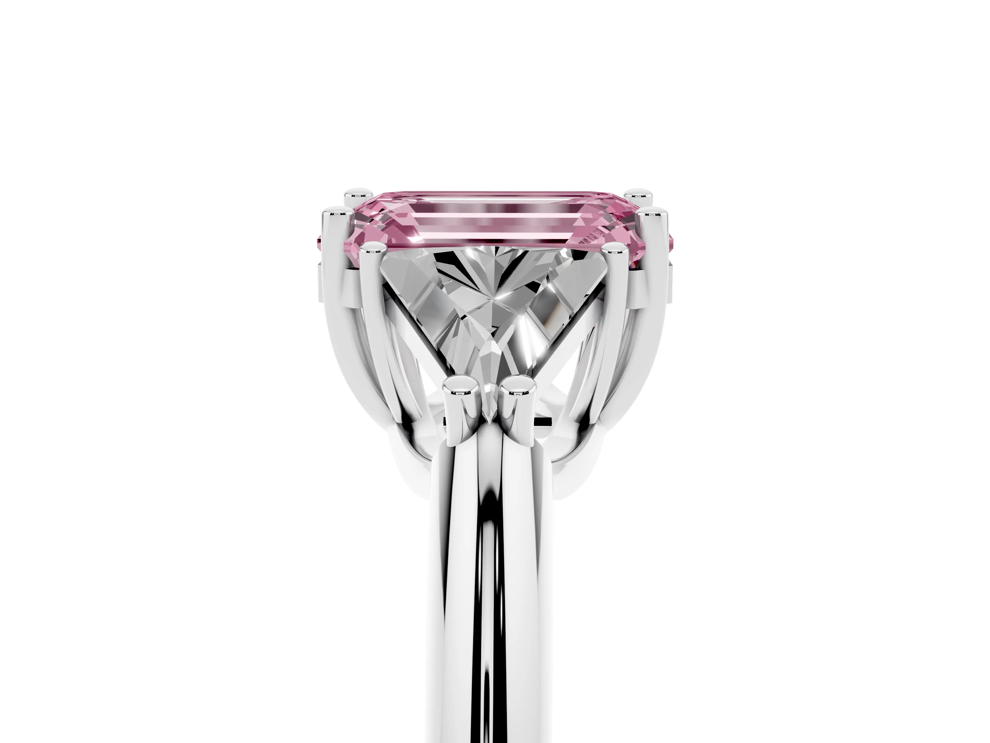 Fancy Pink Emerald Cut Diamond Three-Stone Engagement Ring Set in Silver with Trillion Side Stones