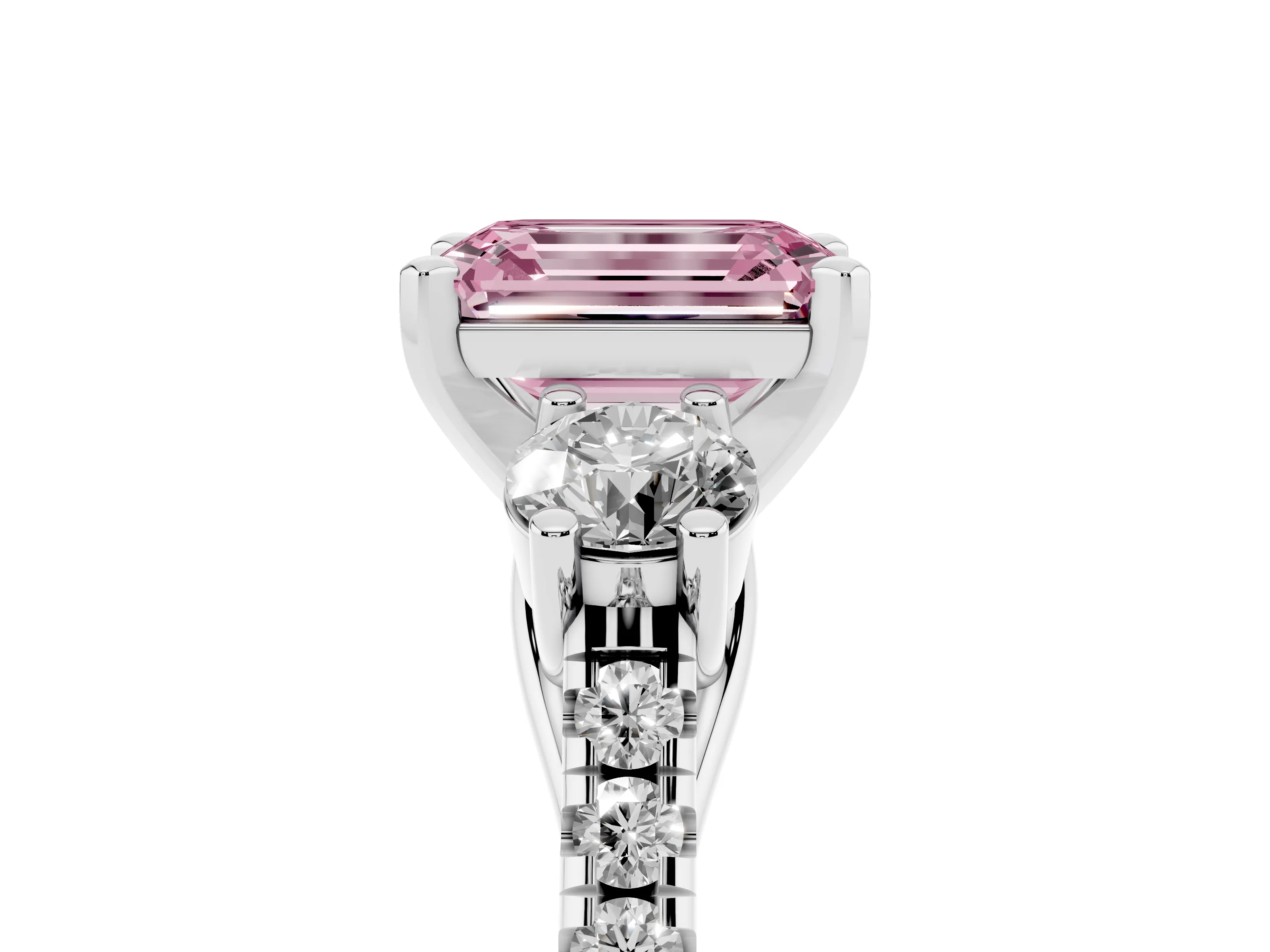 Fancy Pink Three-Stone Emerald Cut Diamond Pavé Band Ring Set in Silver with Prong-Set Trio