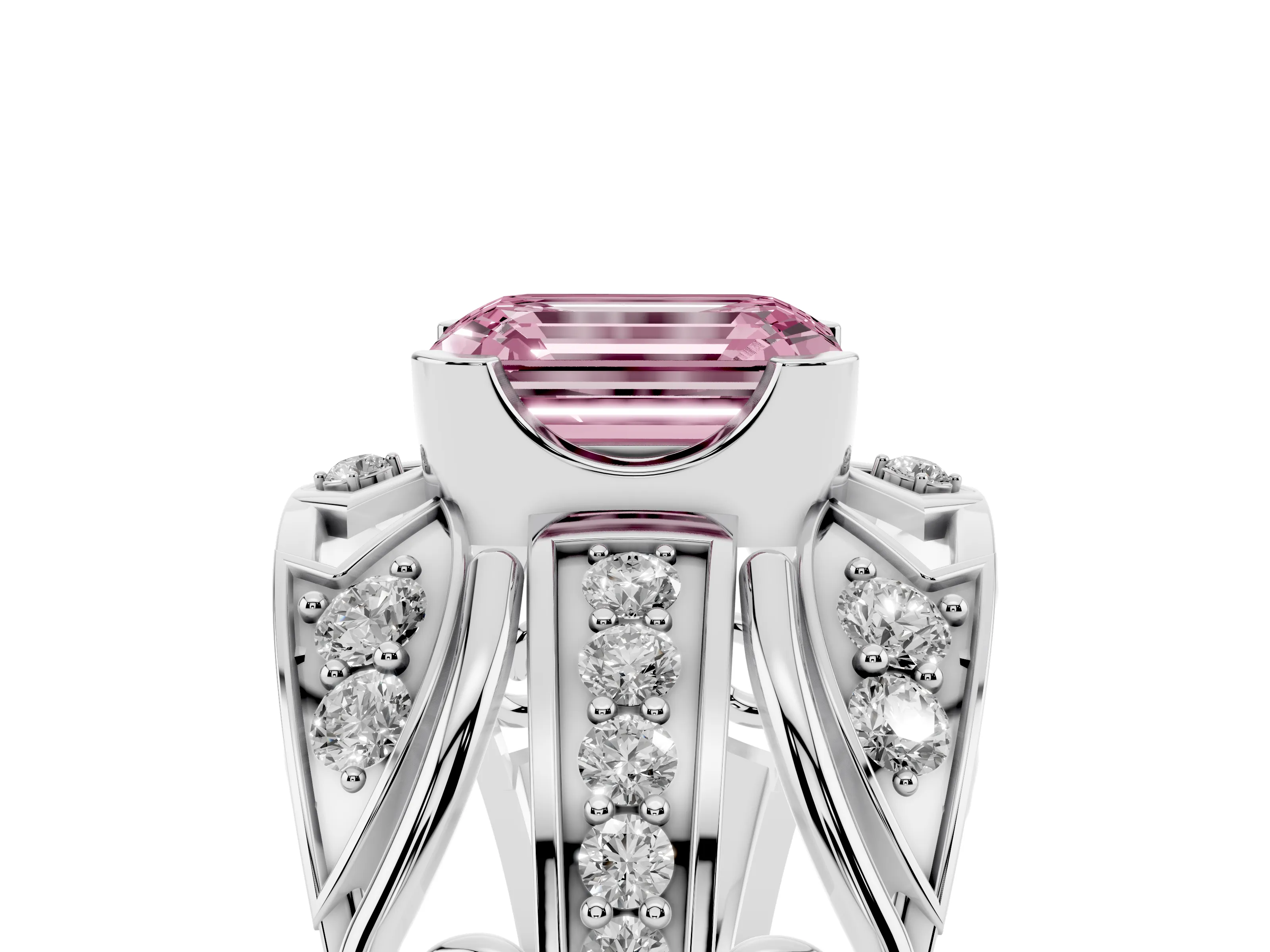 Fancy Pink Emerald Cut Diamond Art Deco Ring Set in White gold with Pavé Split Shank