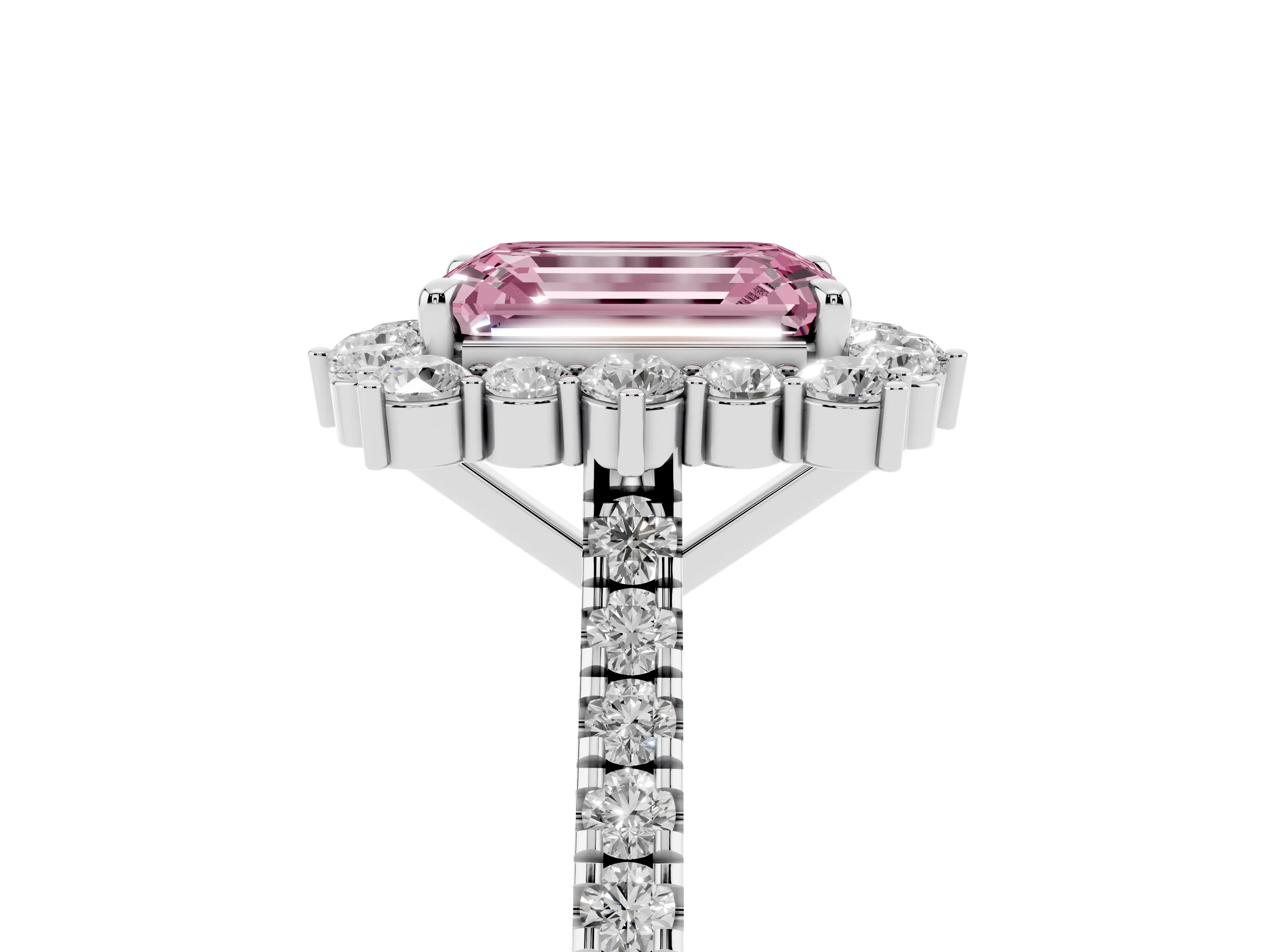 Fancy Pink Emerald Cut Diamond Halo Ring Set in Silver with Pavé Band and Prong Setting