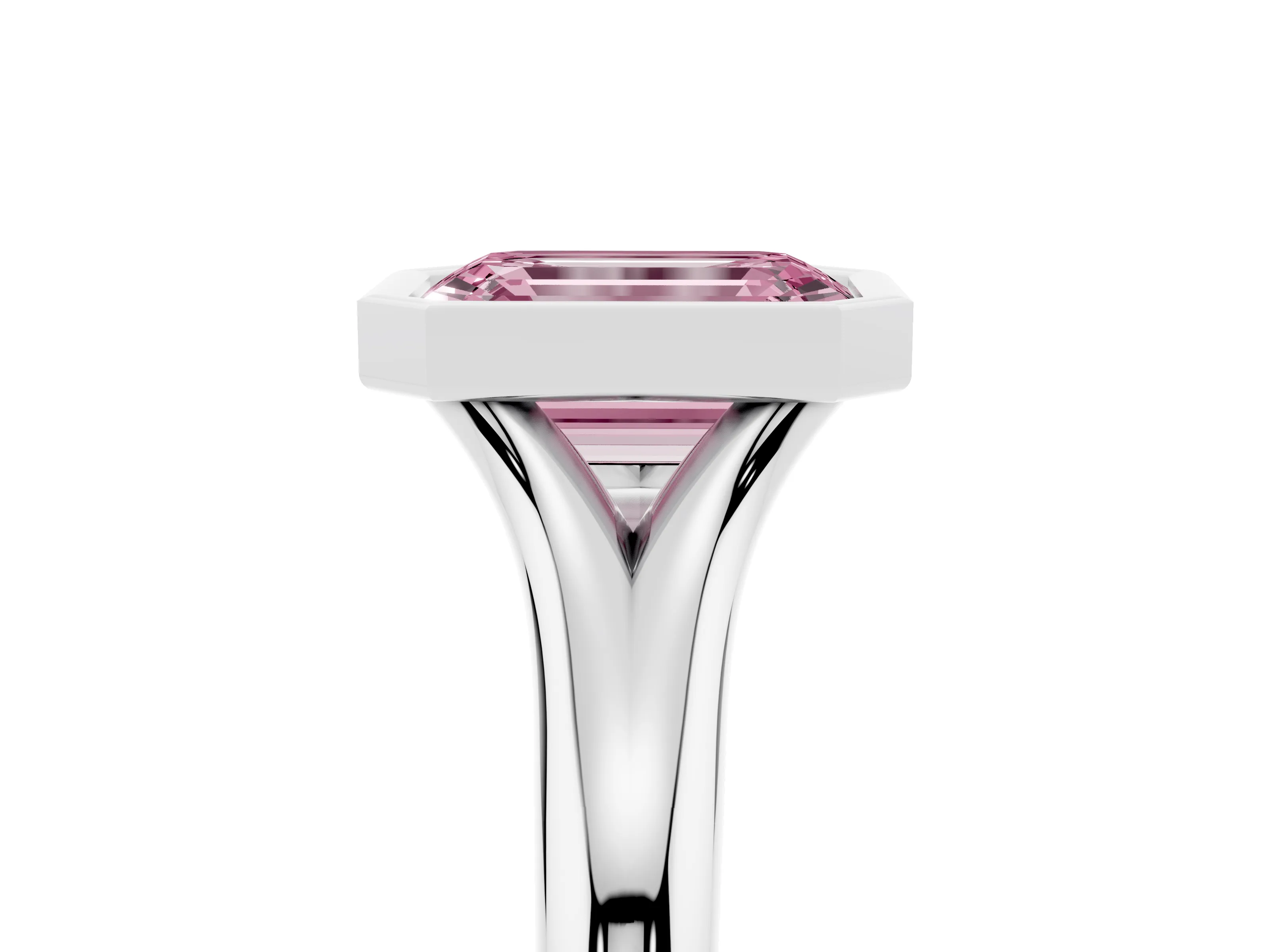 Fancy Pink Bezel Set Emerald Cut Diamond Solitaire Ring Set in White gold with Smooth Band