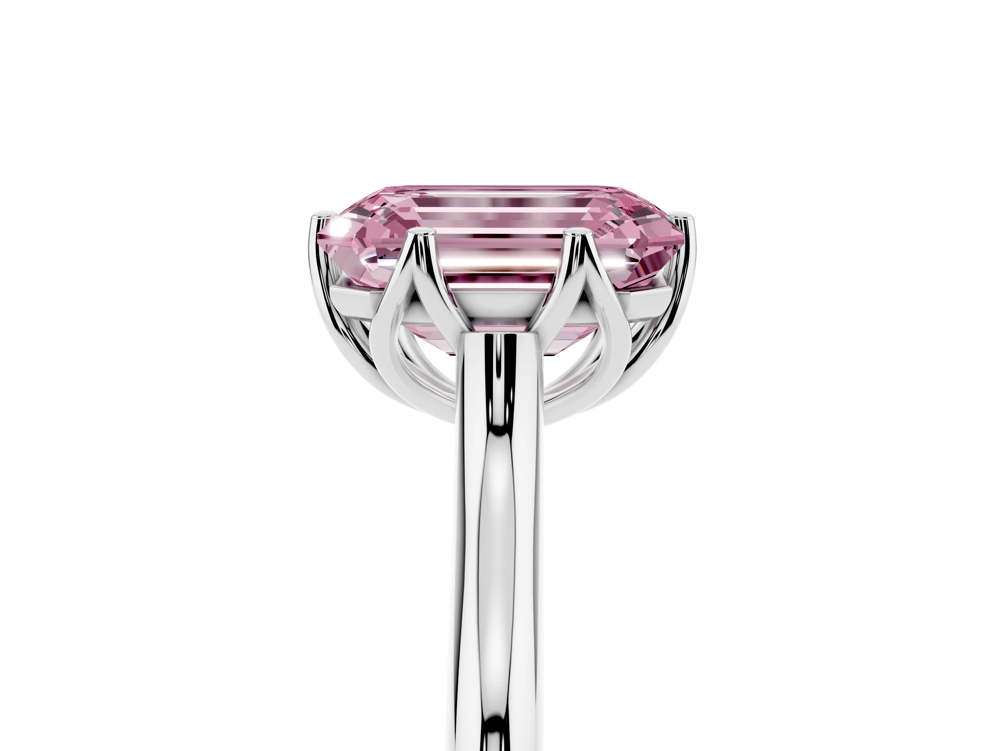 Fancy Pink Emerald Cut Diamond Solitaire Cathedral Ring Set in Platinum with Prong Setting