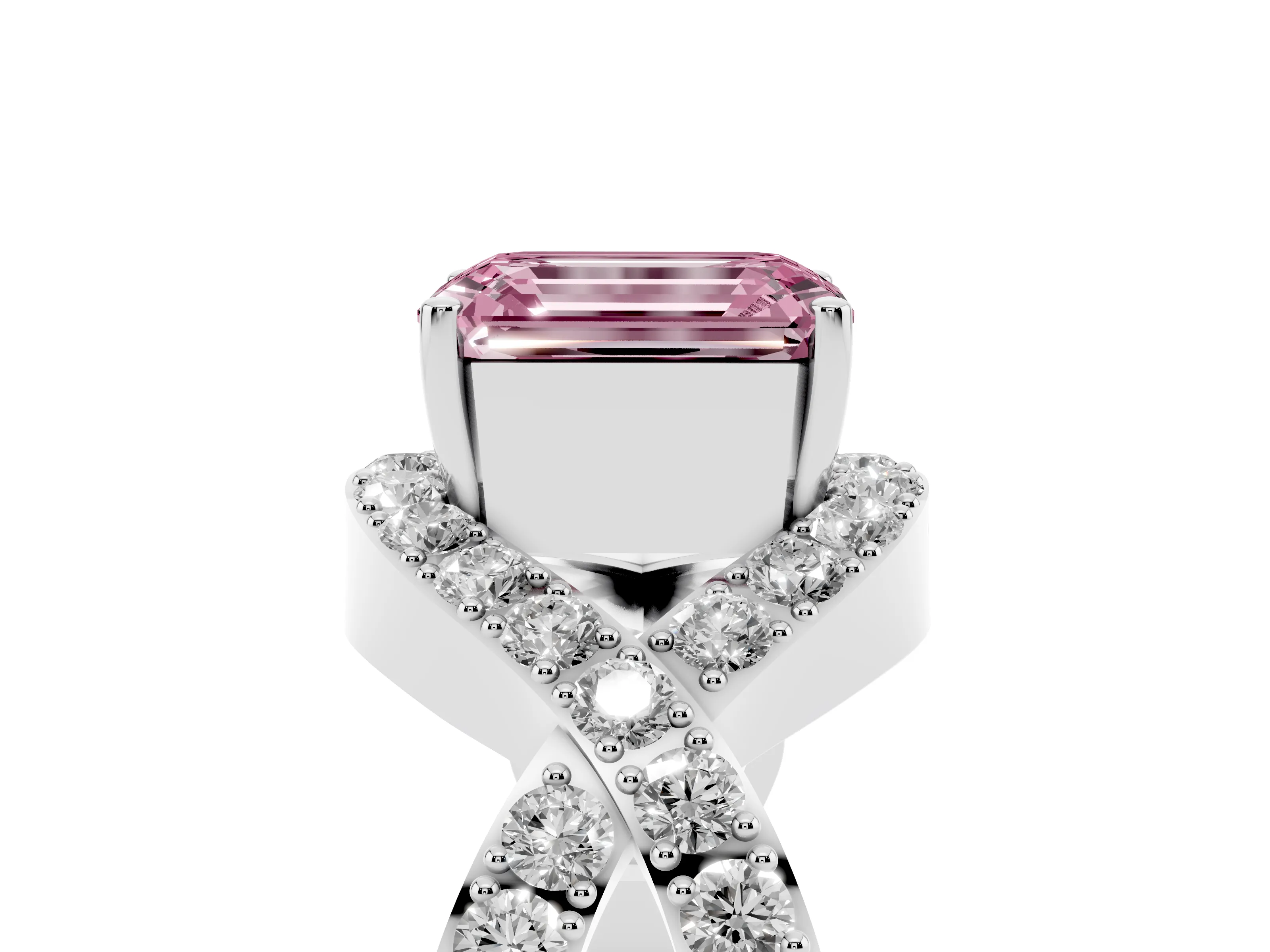Fancy Pink Emerald Cut Diamond Solitaire Twist Band Pavé Engagement Ring Set in Silver