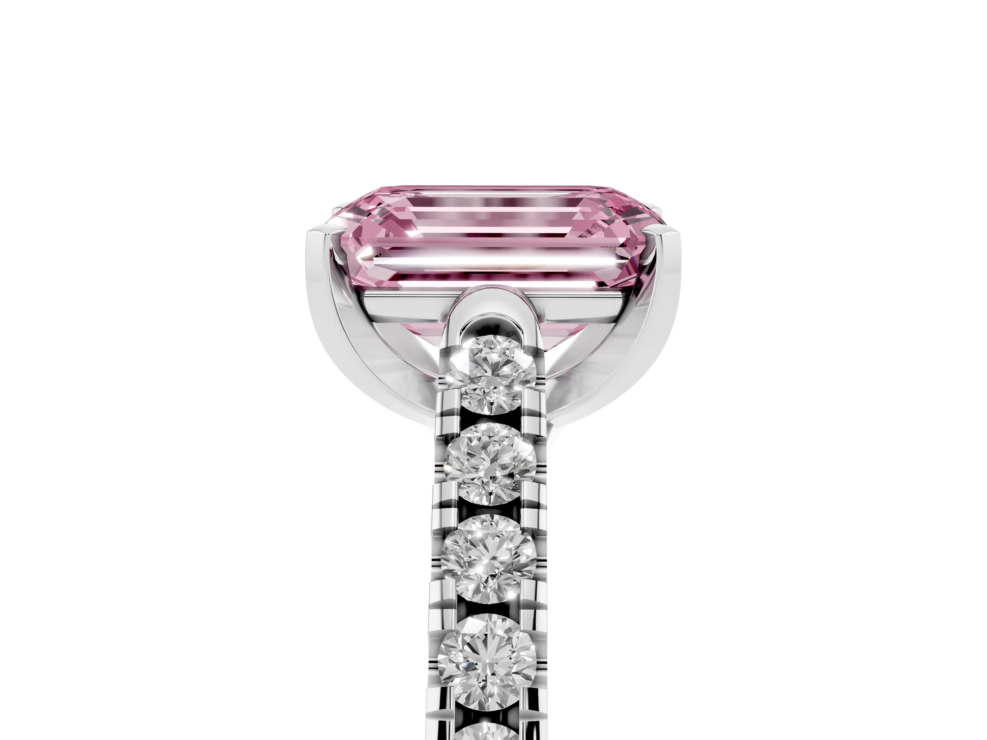 Fancy Pink Emerald Cut Diamond Pavé Band Solitaire Ring Set in White gold with Partway Accent Stones and Prong Setting