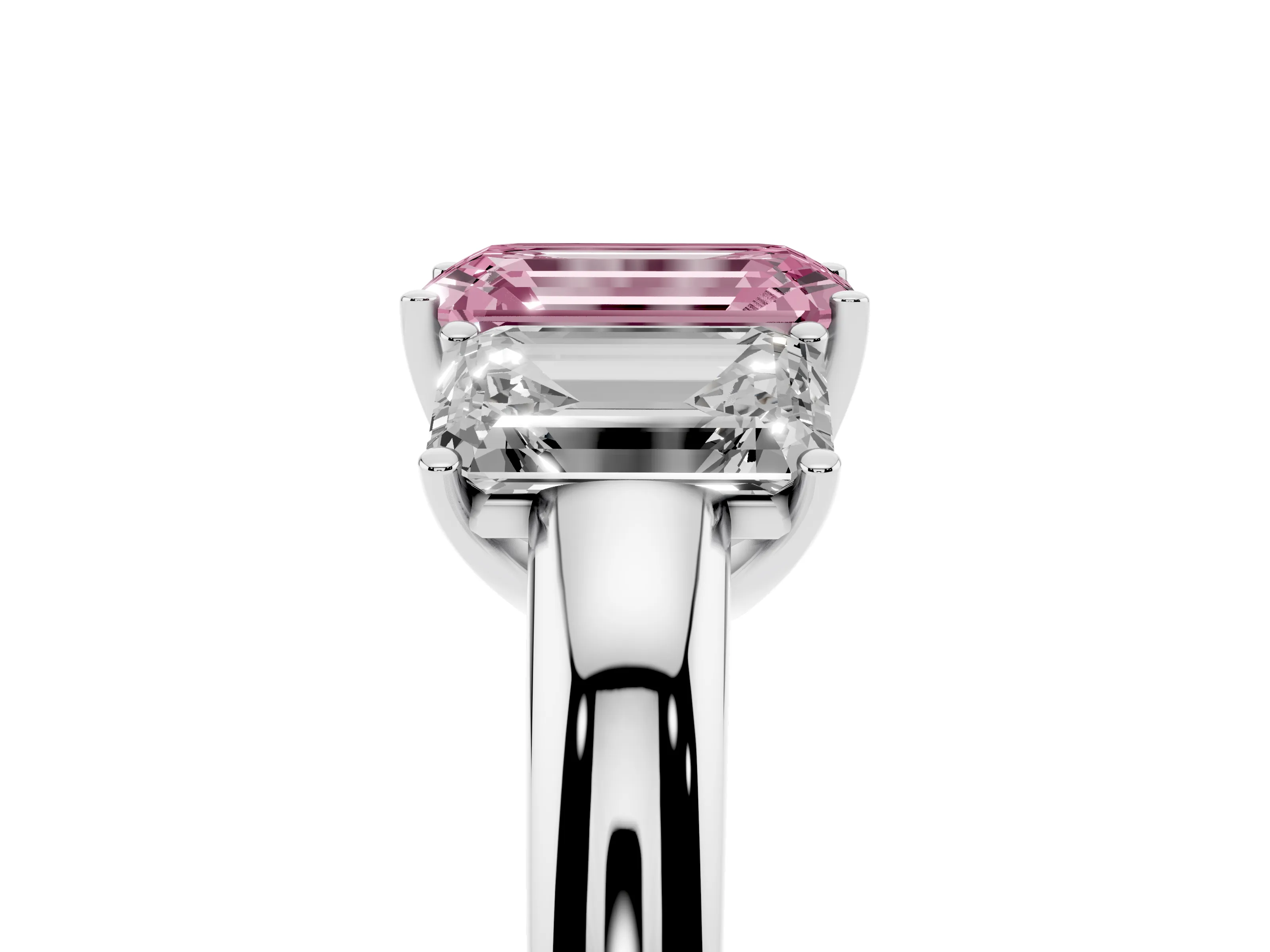 Fancy Pink Emerald Cut Diamond Three-Stone Ring Set in Silver with Bold Center and Classic Band