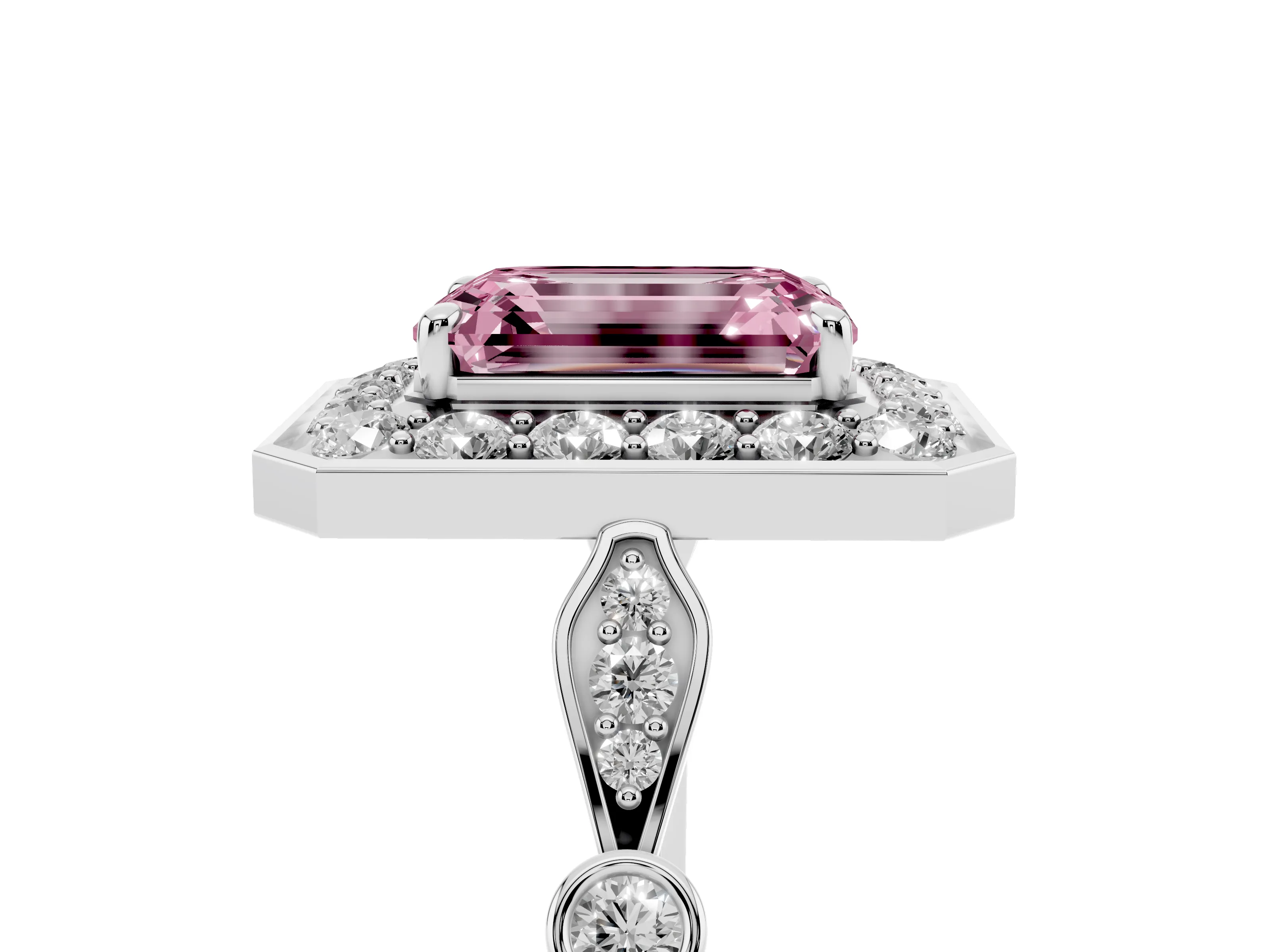 Fancy Pink Emerald Cut Diamond Halo Engagement Ring Set in Platinum with Twisted Band and Prong Setting